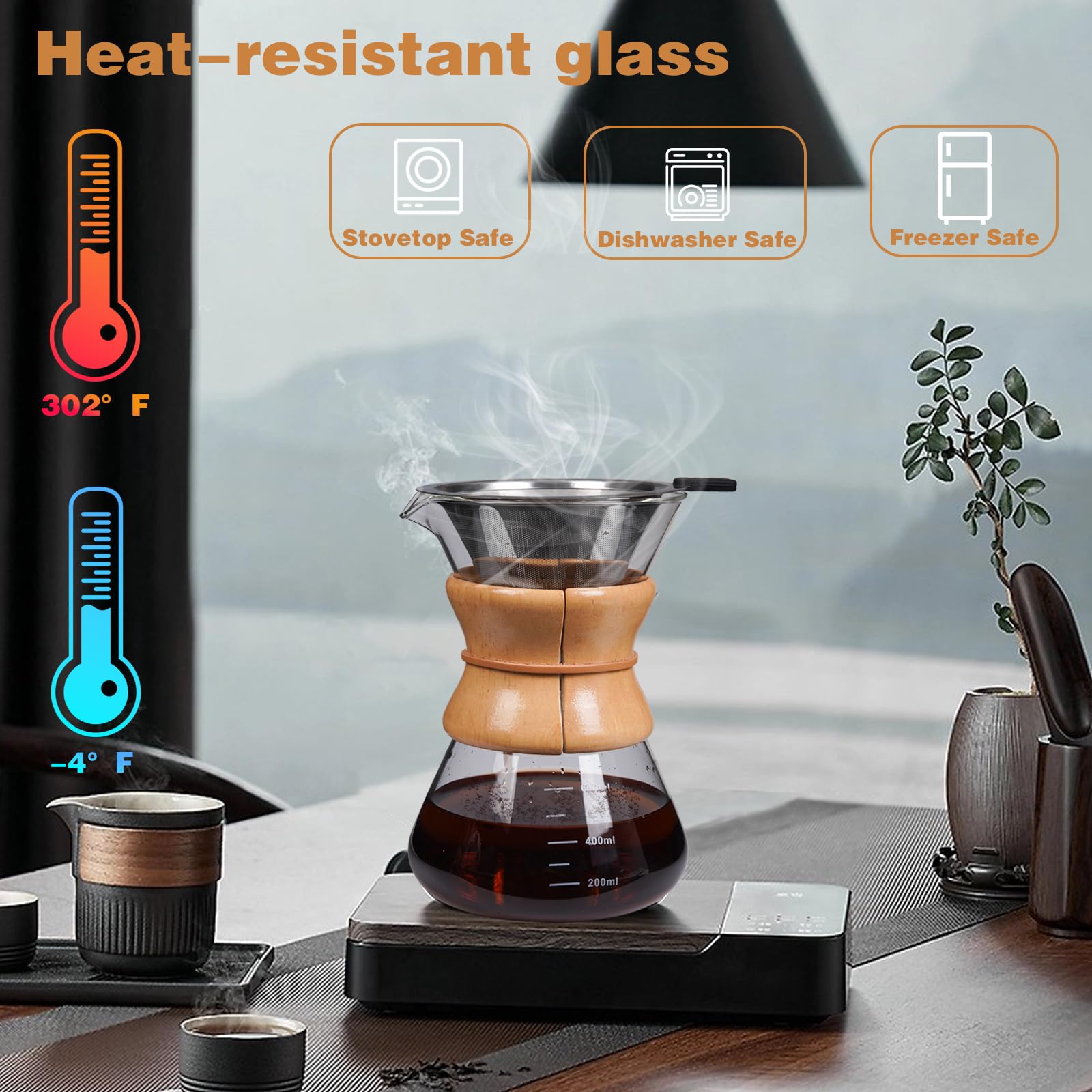 Cafetera vertida con filtro de goteo de acero inoxidable reutilizable, jarra de café de vidrio de borosilicato sin plomo con collar de madera moderno para 1-6 tazas, transparente circular 4