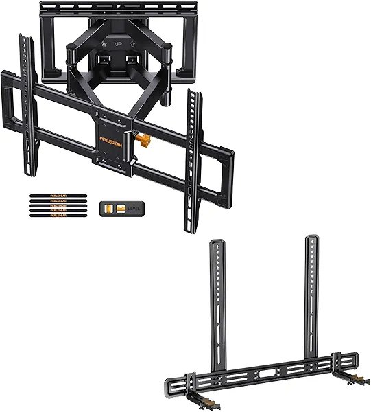Perlegear UL Listed Full Motion TV Wall Mount for 42-85 inch TVs up to 132 lbs PGLF8, Soundbar Mount with Holes/Without Holes up to 13.2 lbs PGSM03B