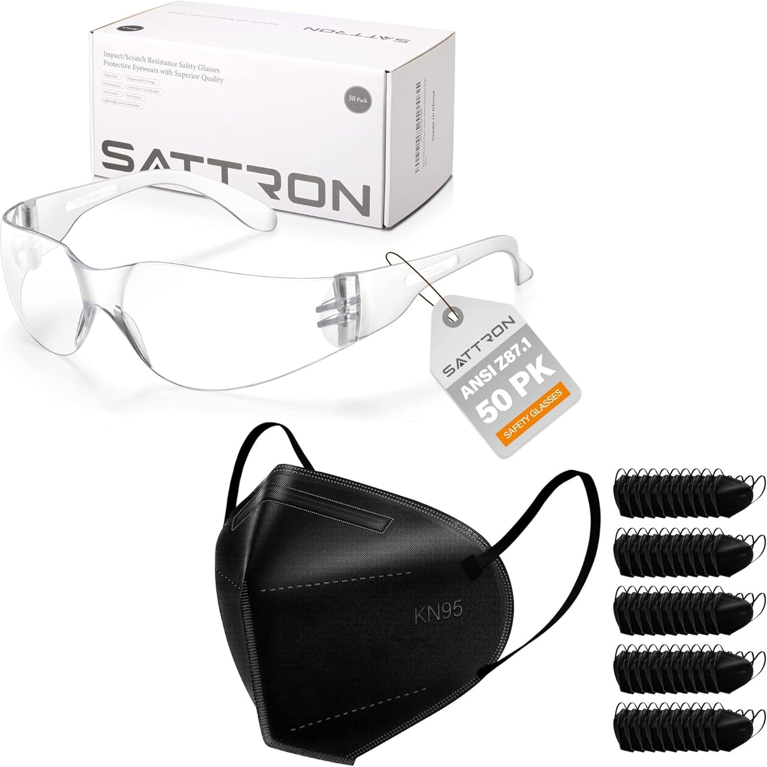 Clear Safety Glasses 50pcs Bulk Pack ANSI Z87.1 Eye Protection + KN95 Face Masks 50pcs Black Disposable Safety Face Masks 5 Layer 3D Design Black
