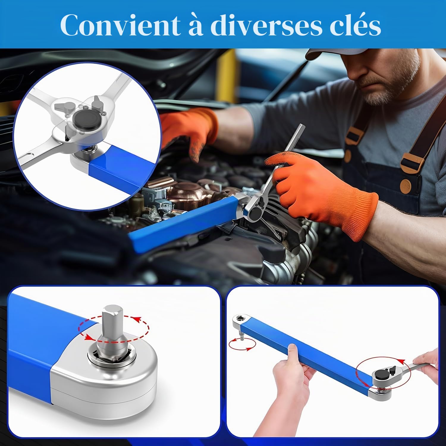 Rallonge Cliquet Professionnelle, Jeu de Clés avec 5 Adaptateurs D'entraînement 1/2", 1/4" et 3/8", Clé D'extension Coudée, pour Clé Universelle Allongée