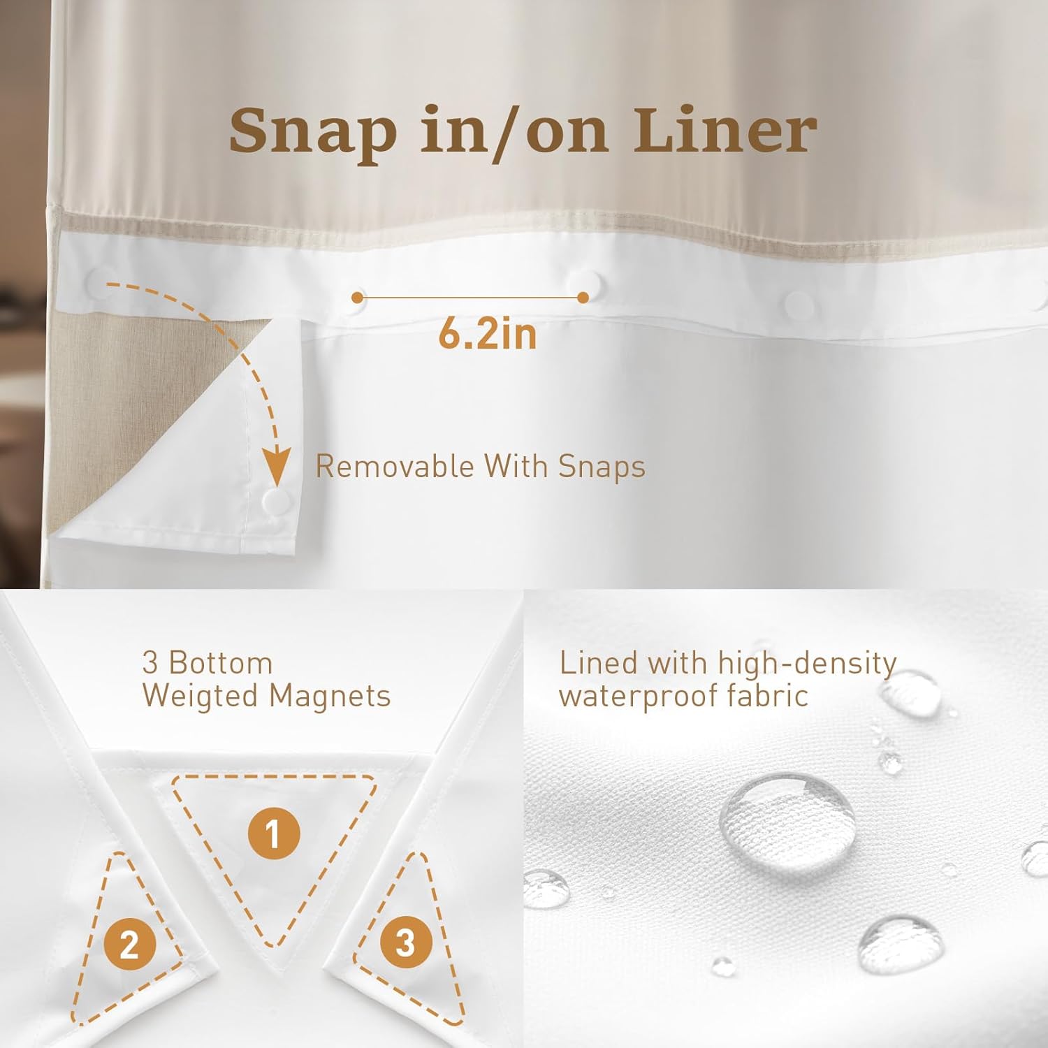 BTTN Long Ringless Shower Curtain and Liner Set, 78 Inch Tall Linen Textured Fabric Shower Curtain for Bathroom, Waterproof Washable Snap in Liner, See Through Mesh Top Window, 72x78, Beige/Cream