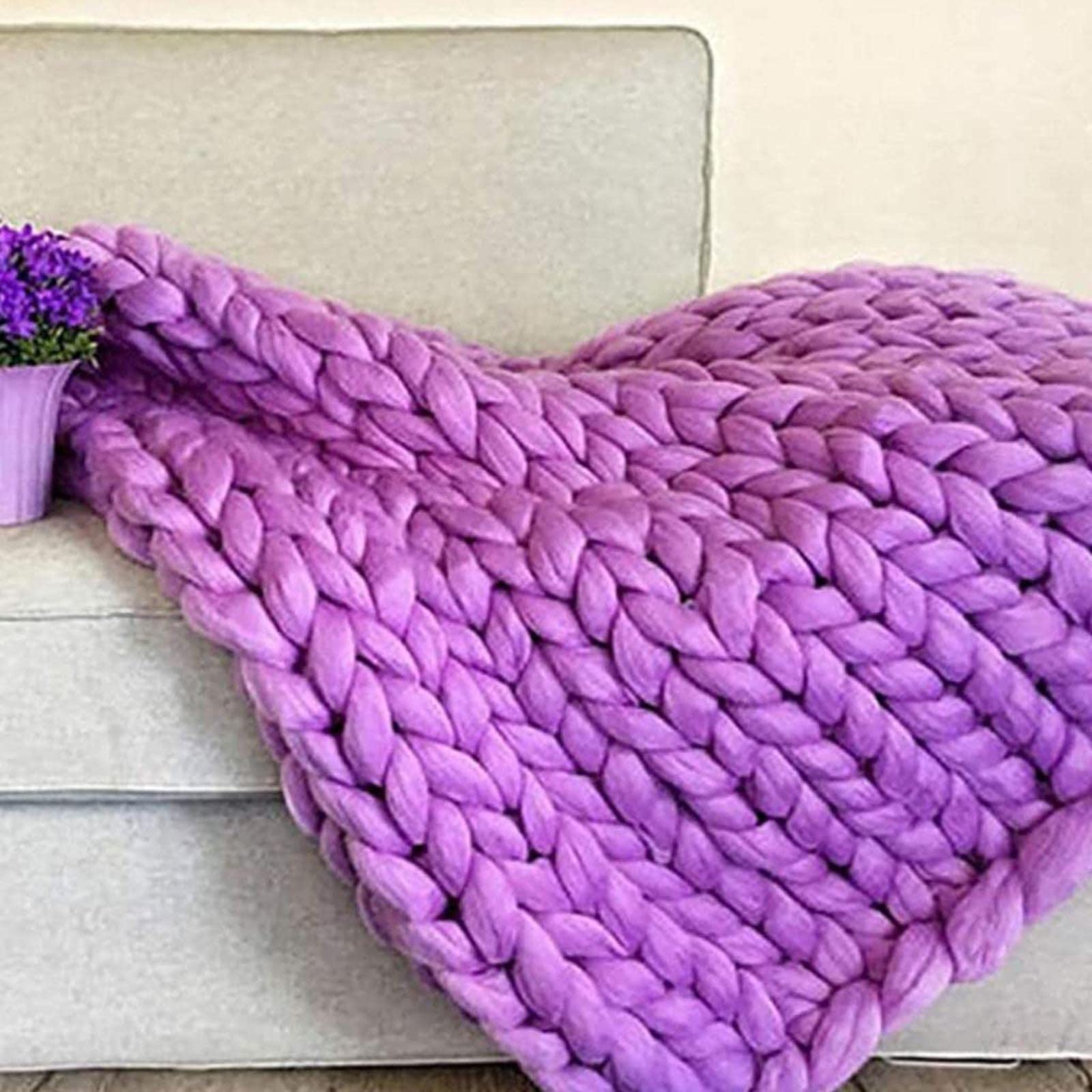 Tiro de Cama Manta de Punto Grueso Decoración del Hogar Manta Tejida en Lana Súper Grande Hecho A Mano Alfombra de La Estera de La Yoga del Sofá de La Cama,Púrpura,130x170cm/51.1x66.9in