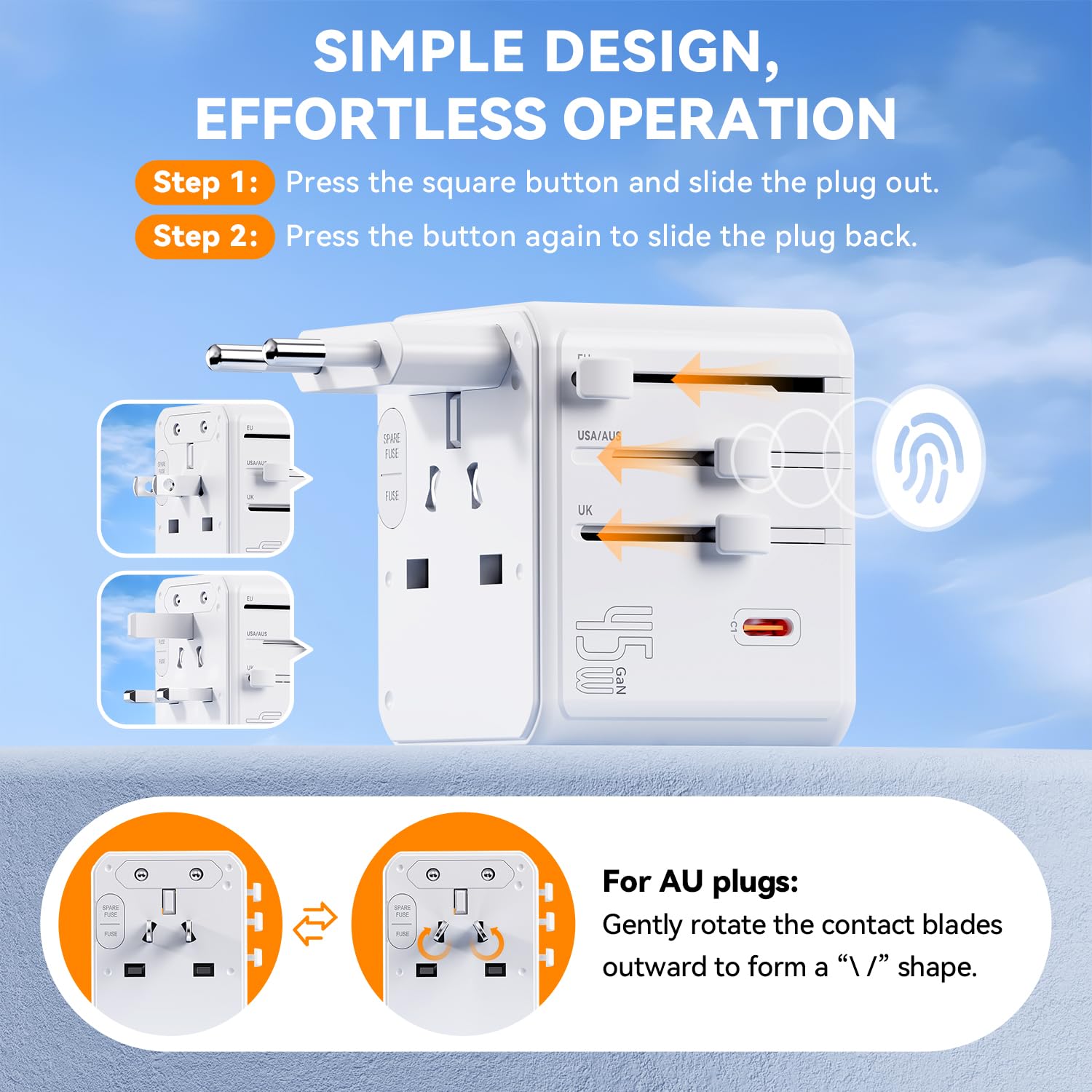 Auxmir Adaptador Enchufe Universal, Adaptador Internacional con 3 USB-C y 2 USB-A (PD 45W), Adaptador Universal para Europa, Reino Unido, Estados Unidos, Canadá, Australia (212 países), Blanco — view 3