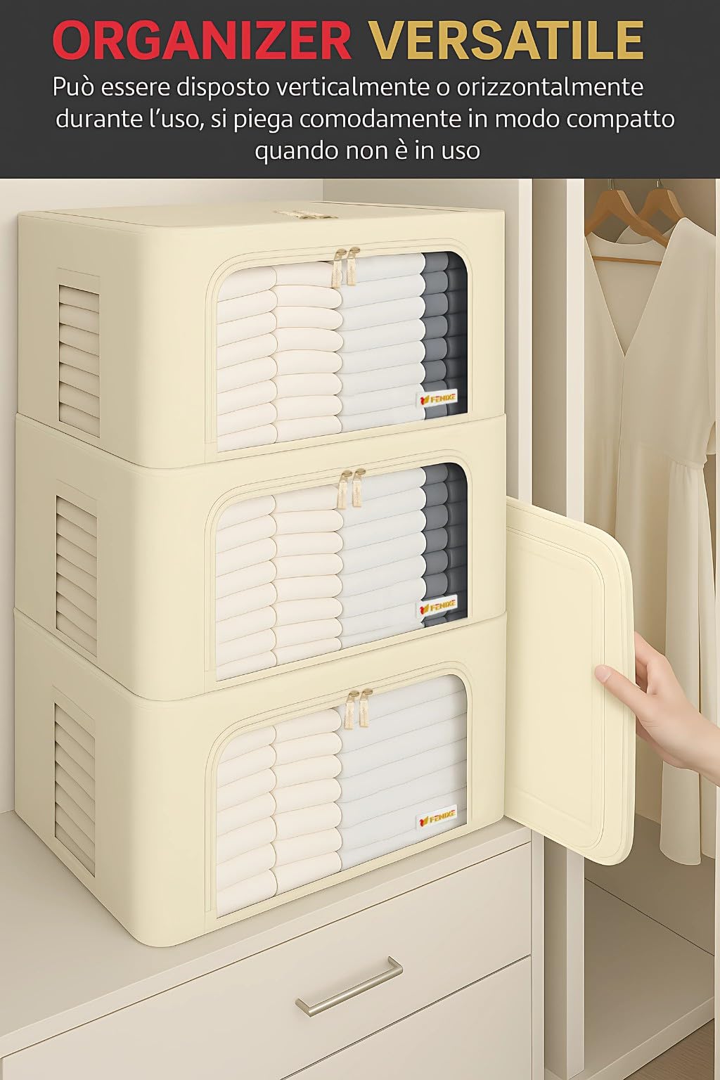 FENIXE_Contenitori Per Armadio Salvaspazio 66L, Beige - Scatole Portaoggetti Confezione da 3 - Organizer Armadio Con Finestre Trasparenti Impilabile, Pieghevole, Resistenti all’Acqua 3x66L Beige
