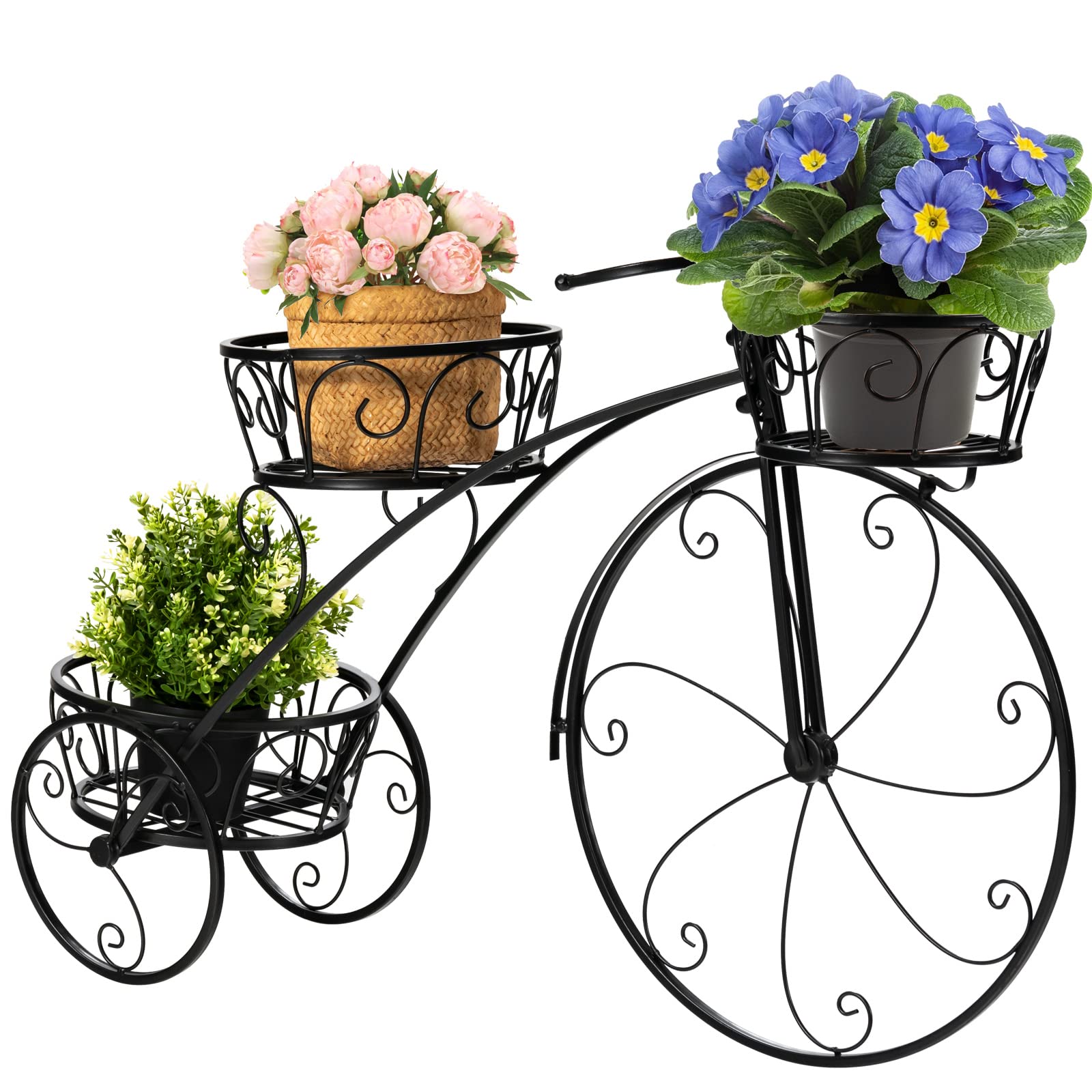 HOMASIS Soporte para flores en forma de bicicleta, escalera de metal para plantas, soporte para plantas con 3 niveles, escaleras para plantas, estilo vintage para jardín, balcón, oficina, 80 x 25 x 52