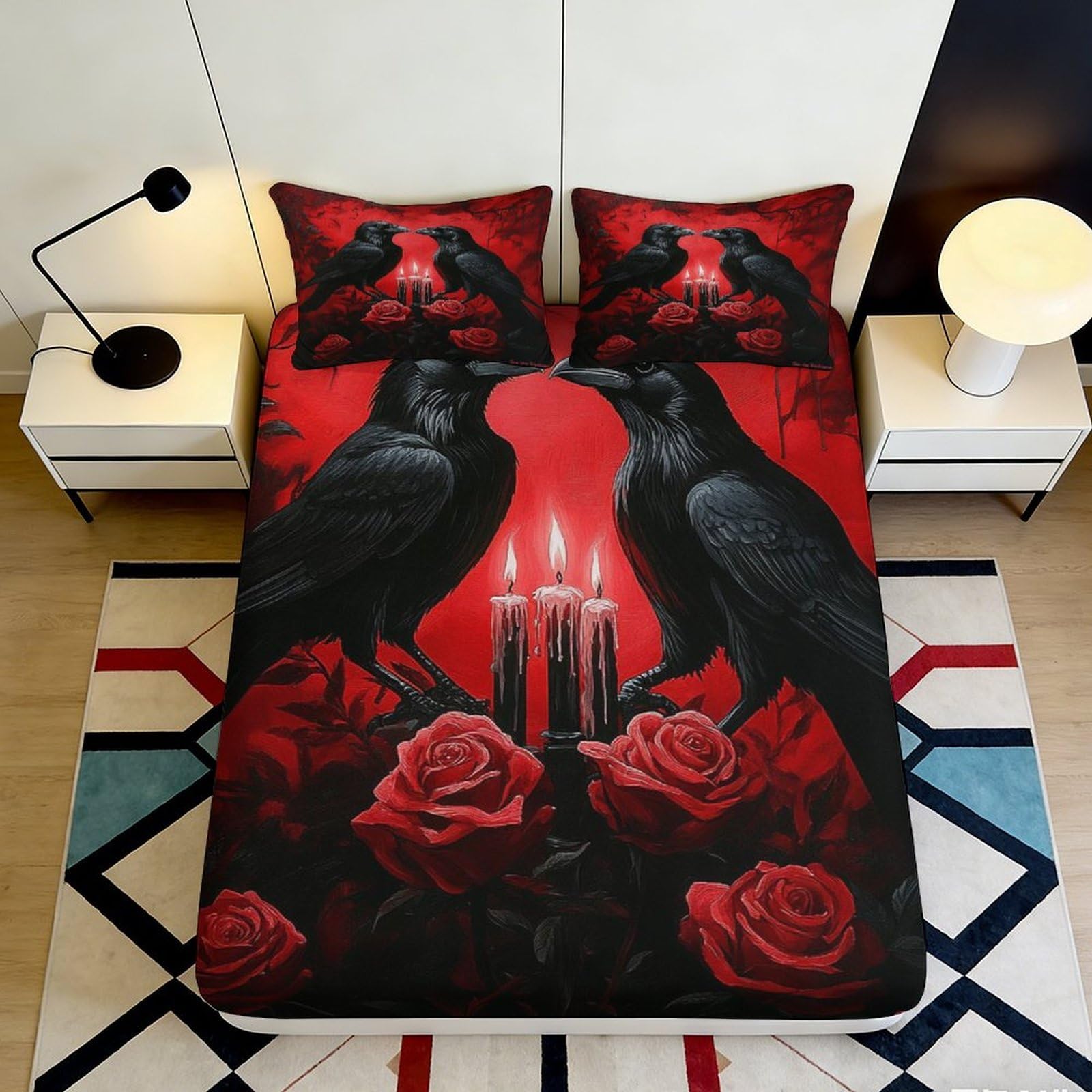 3D Printed Gothic Raven Red Roses Fitted Sheet Microfiber Durable Soft Bed Cover with Candlelight Design for Bedroom Dormitory Guest Room 200x200x25cm