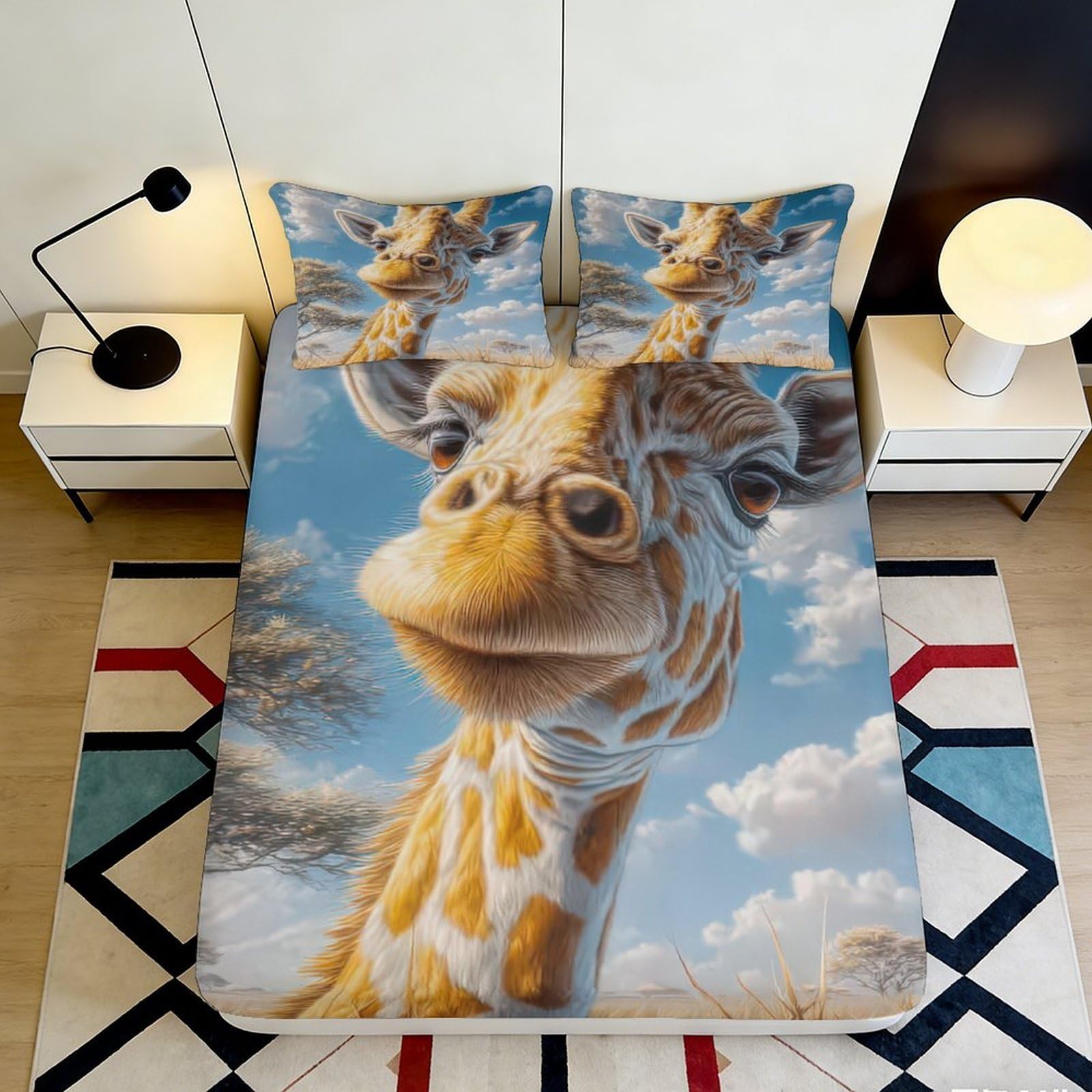 3D Printed vivid giraffe Fitted Sheet for bedroom, soft touch Microfiber, easy care, wrinkle resistant, guest room bedding decor, anti-slip design, dustproof, 119 90x200x25cm