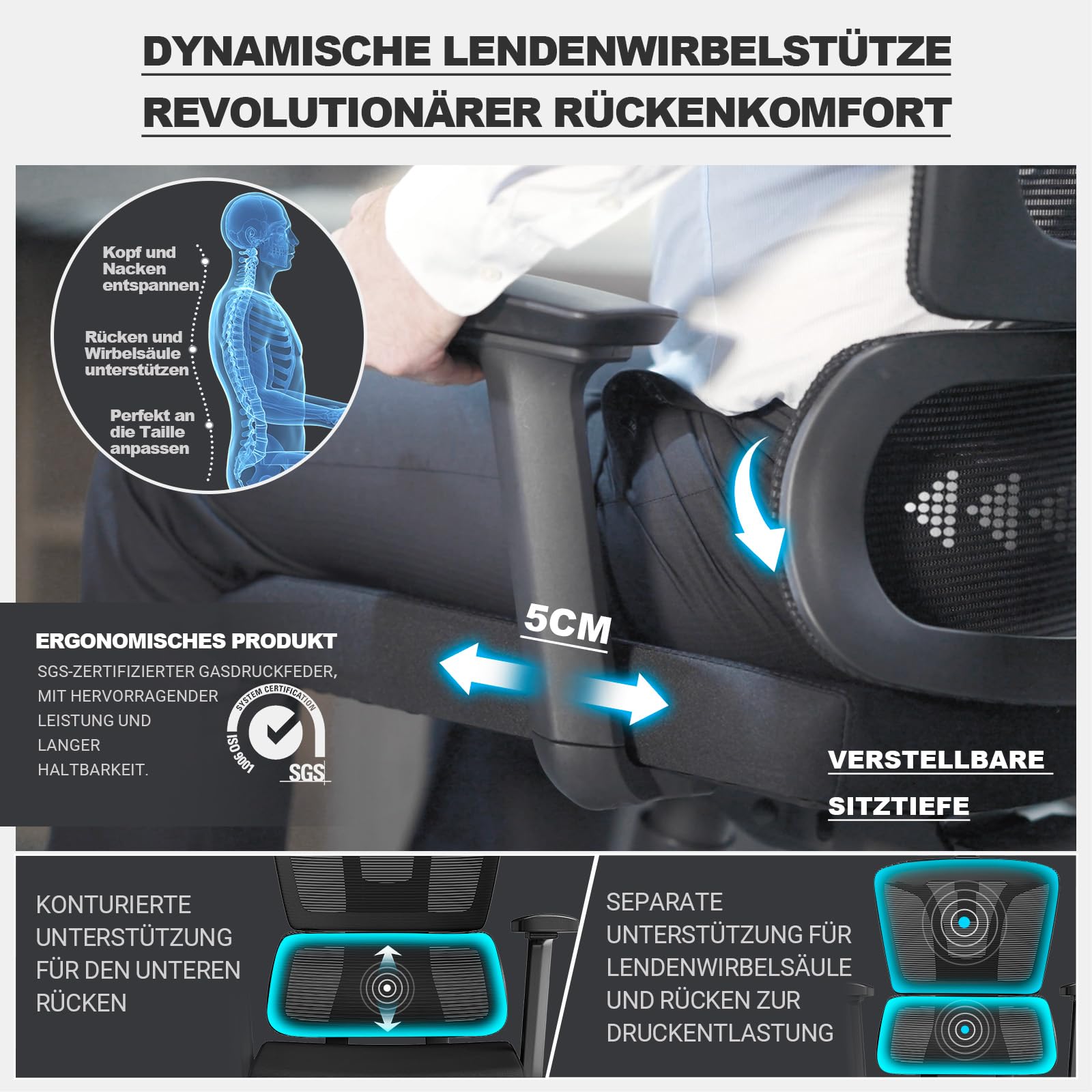 MELOKEA Bürostuhl Ergonomisch, 4D-Armlehnen, Verstellbare Sitztiefe, 4-Stufen Neigung, 3D-Kopfstütze, Gummirollen, Hohe Rückenlehne, Lordosenstütze, Langes Sitzen, Office & Gaming, Bürostuhl 200KG