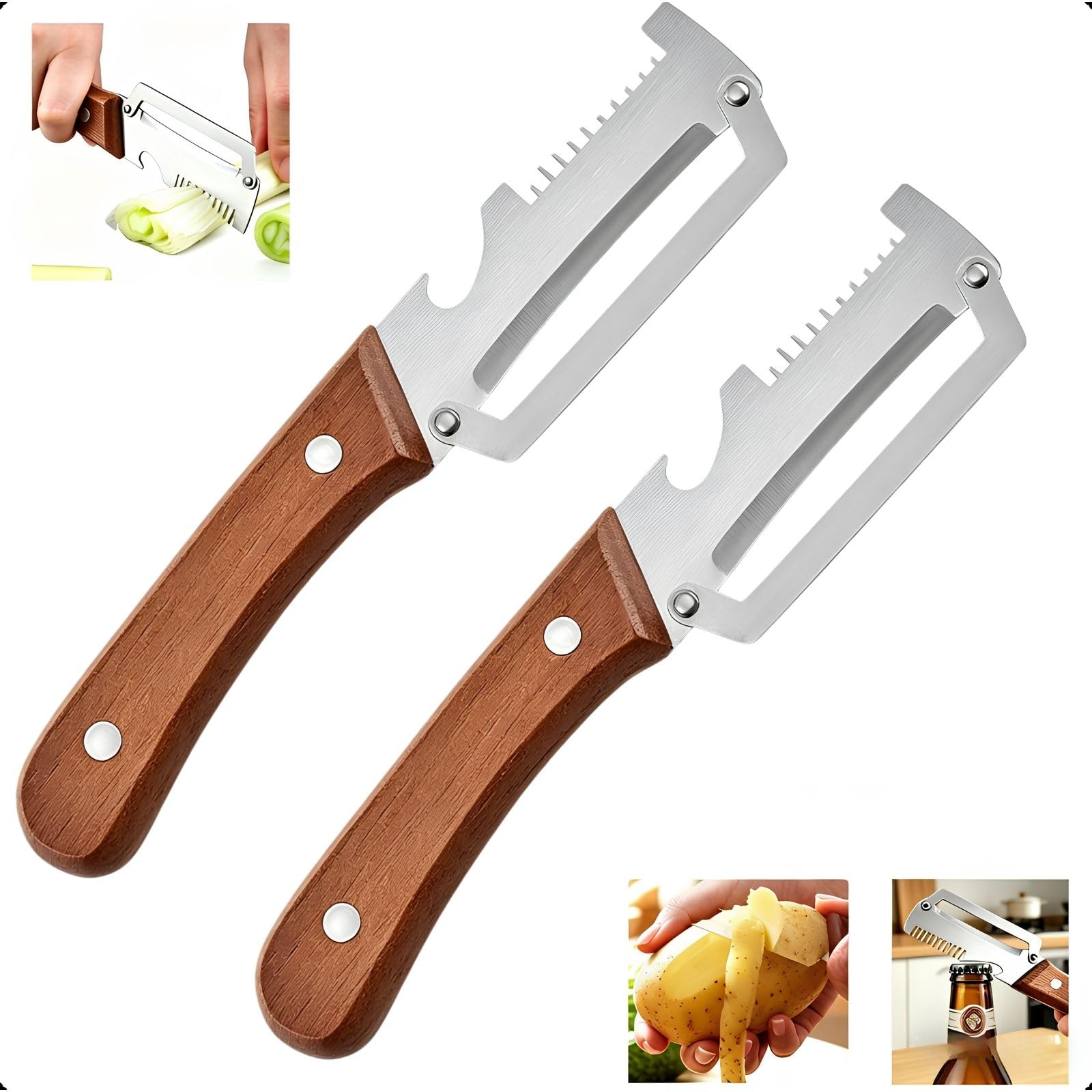 2-Pack Multifunctional Vegetable Peeler, 3 in 1 Kitchen Peeler with Wooden Handle, Grater & Bottle Opener for Potato, Carrot, Apple, Fruit & Vegetable