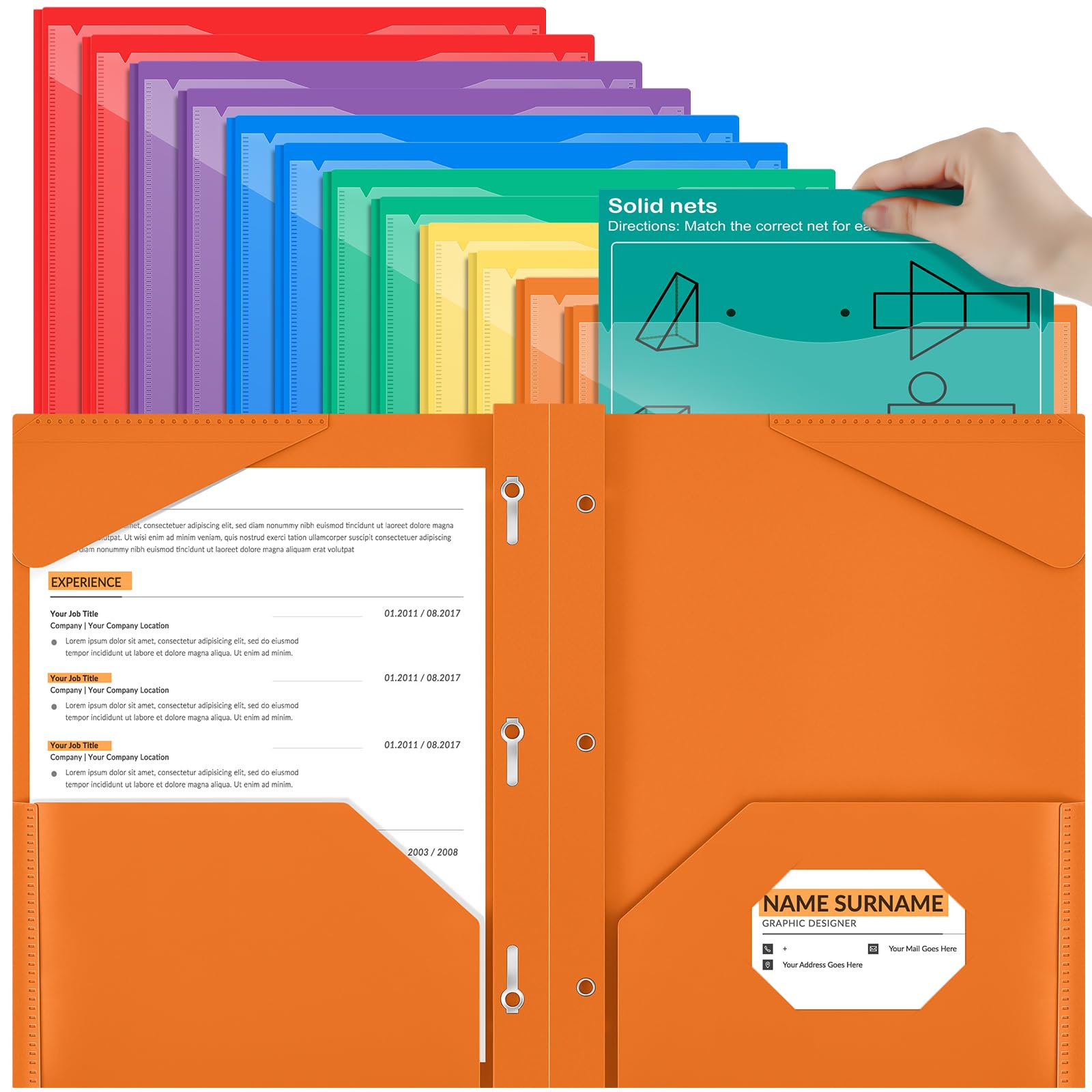 Henoyso Lot de 12 dossiers en plastique avec poche avant transparente et dossiers en plastique à 3 broches avec fente pour carte et broches pour l'école et le bureau (couleurs arc-en-ciel)