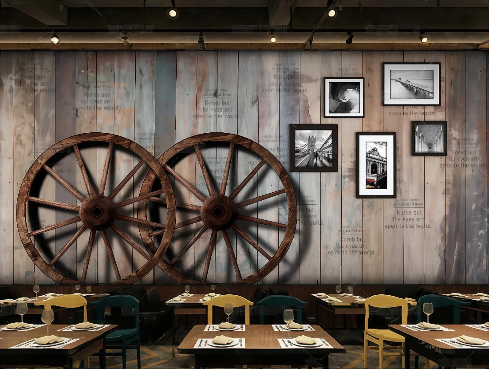 rskjdghshd Wallpaper Retro Nostalgic Wheel Wooden Wheel Photo Bar Shopping Mall Western Restaurant Background Wall Mural Afternoon Tea Coffee Shop Wallpaper,3D,250x175cm