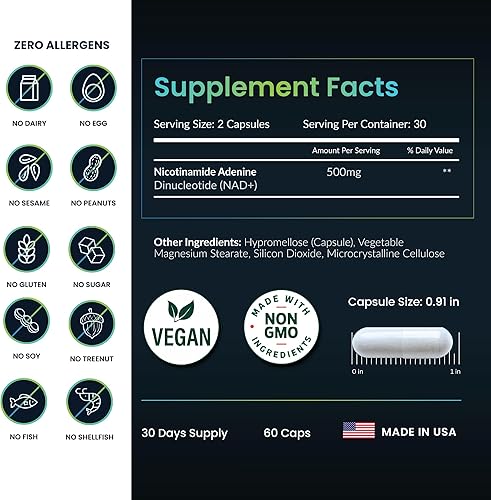 Miniatura 5 de Suplemento NAD+ - 500 mg de NAD Plus puro para energía, concentración, piel y apoyo antienvejecimiento - Suplementos NAD sin gluten sin OMG para