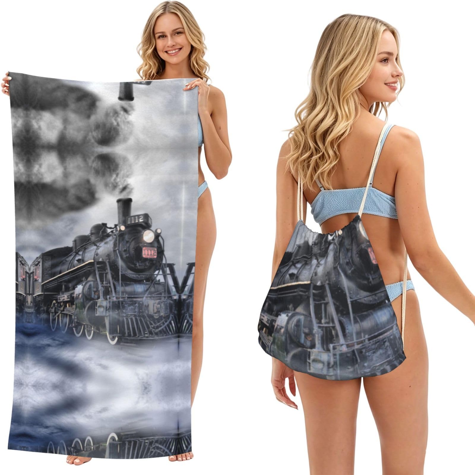 SATUSA Steam Train Clouds Print 2-In-1 Foldable Beach Towel Backpack â€“ Camping, Yoga And Travel,Bath Towel With Built-In Storage, Convertible Beach Mat & Carry Bag