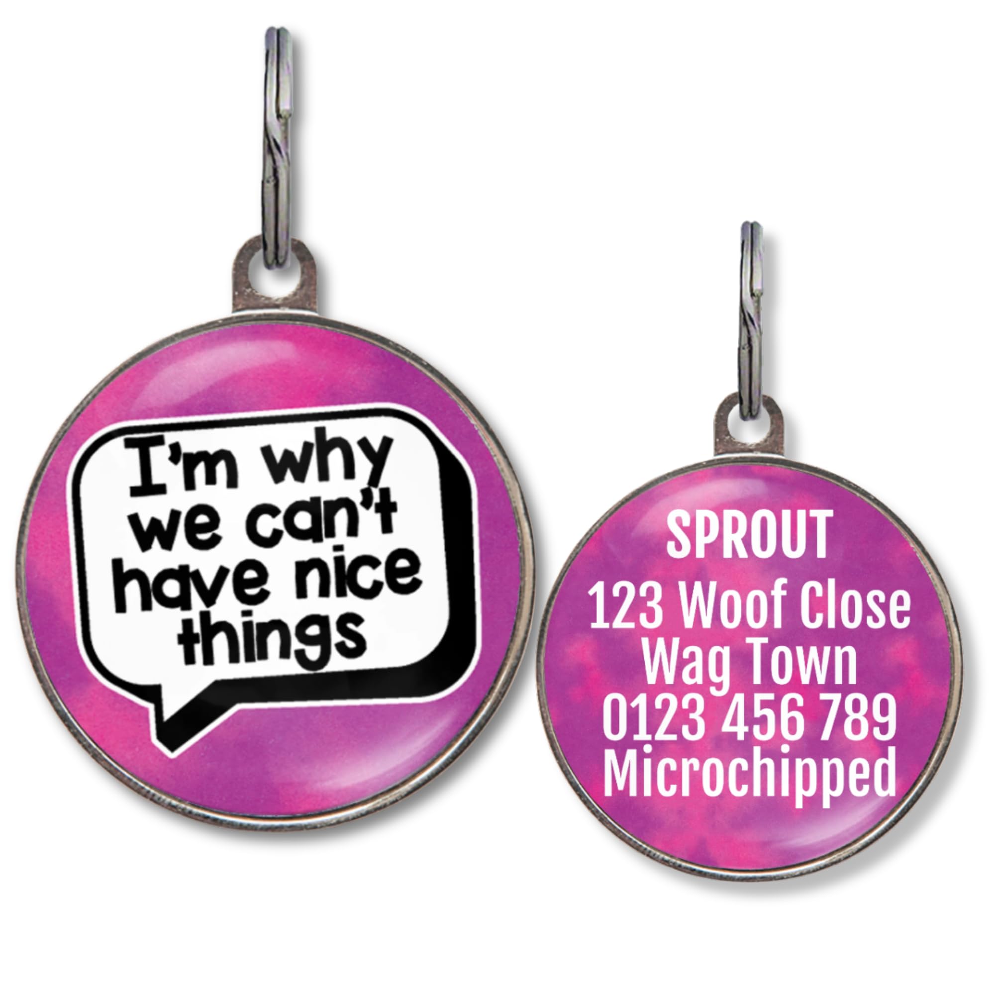 Funny Dog Tag – UK Made - Customised, 36 Colour Options, 2 Sizes for Dogs & Cats – I’m Why We Can’t Have Nice Things – Waterproof, Double-Sided Pet ID – Sassy Dog Name Tag