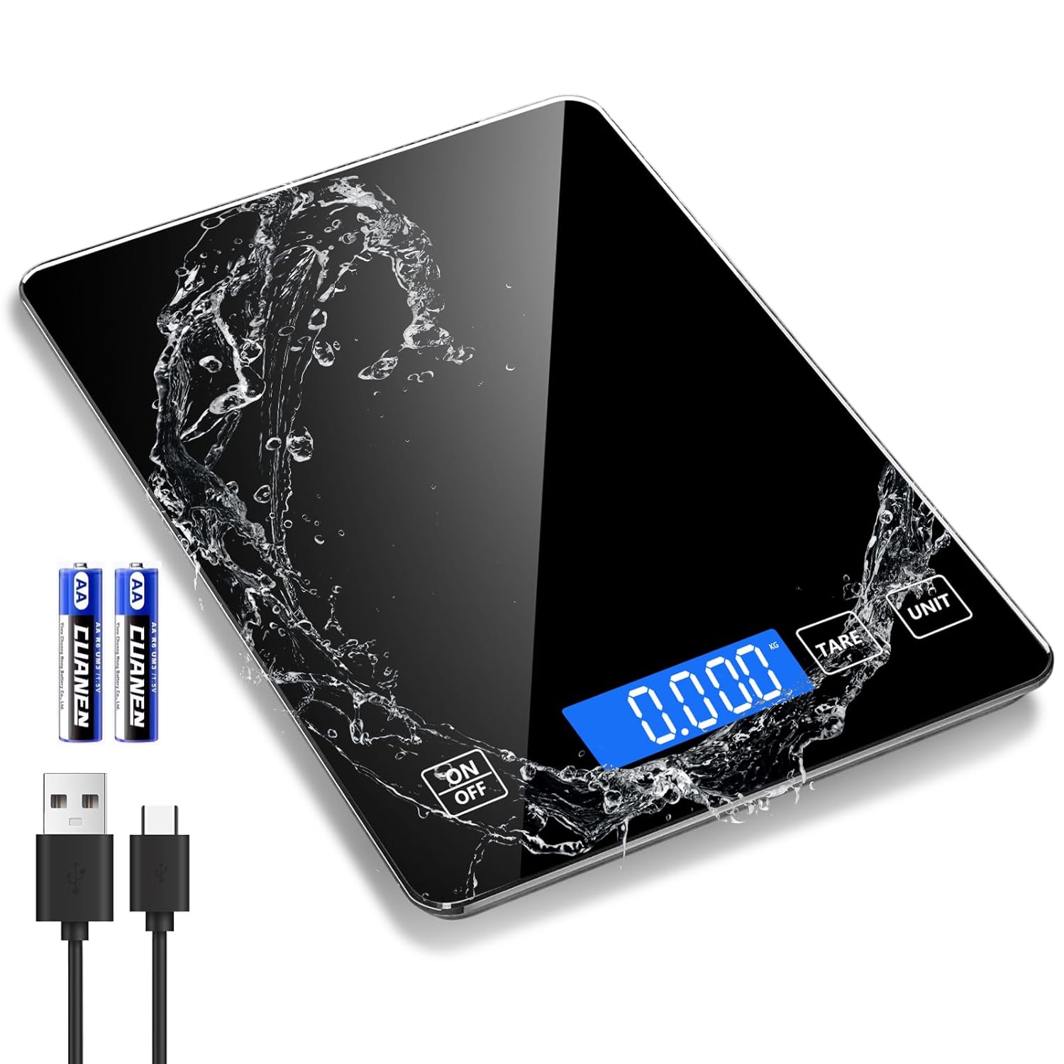 Food Scale, Digital Kitchen Scale 33lb/15kg Steel and Tempered Glass with 1g/0.1oz Precision, Tare & 10 Units, Type-C Rechargeable, LCD Display for Baking, Cooking, Meal Prep, Coffee, Postage Black