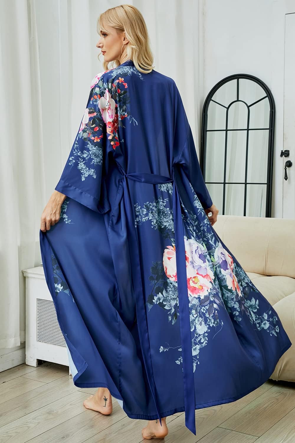 Women's Long Kimono Robe Floral Silk Robe Satin Silky Bathrobe Sleepwear Bridesmaid Wedding Robes - Image 6