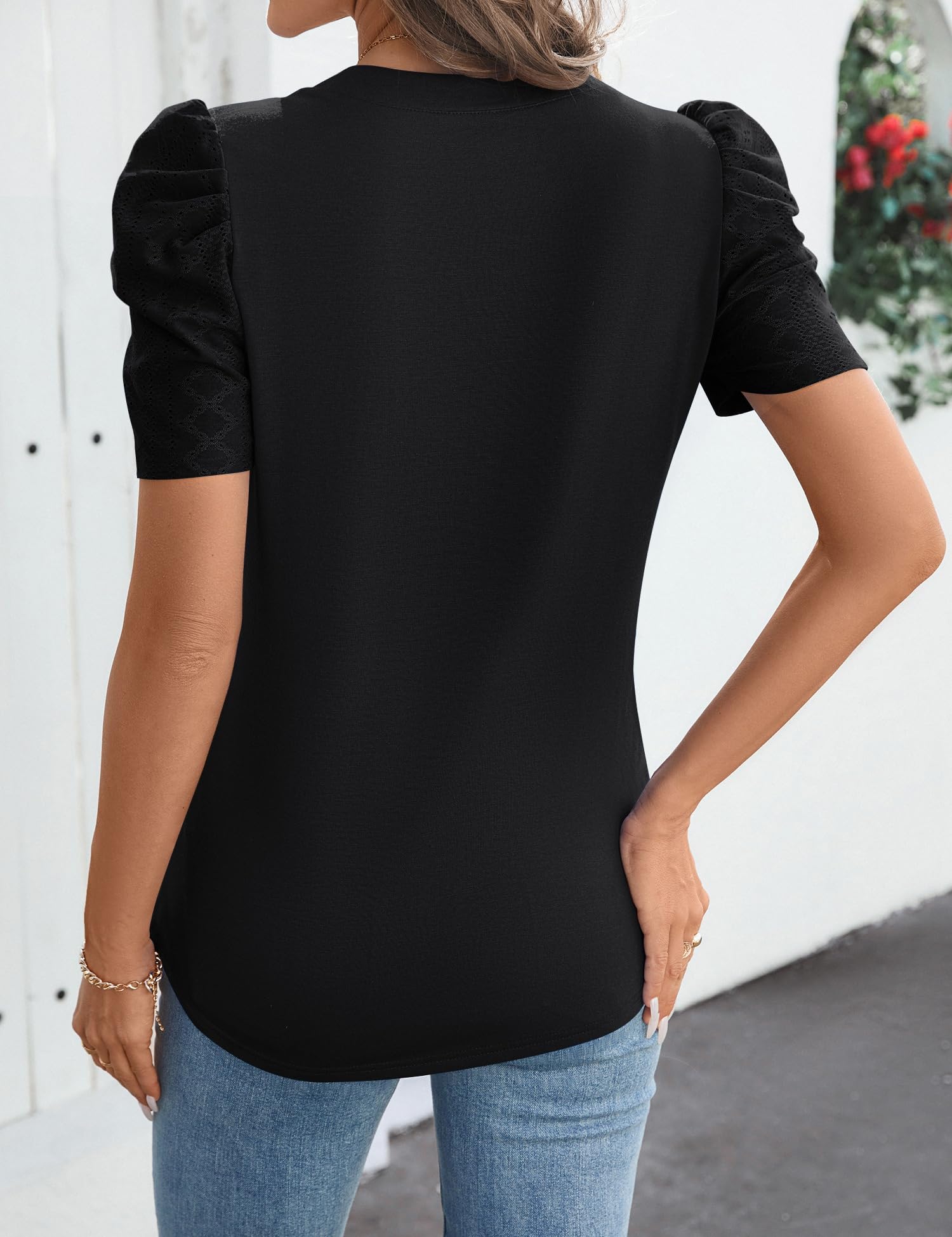 Kistore Top da donna a maniche corte a sbuffo, scollo a V, top estivo da donna, camicette alla moda UK camicie S-XXL
