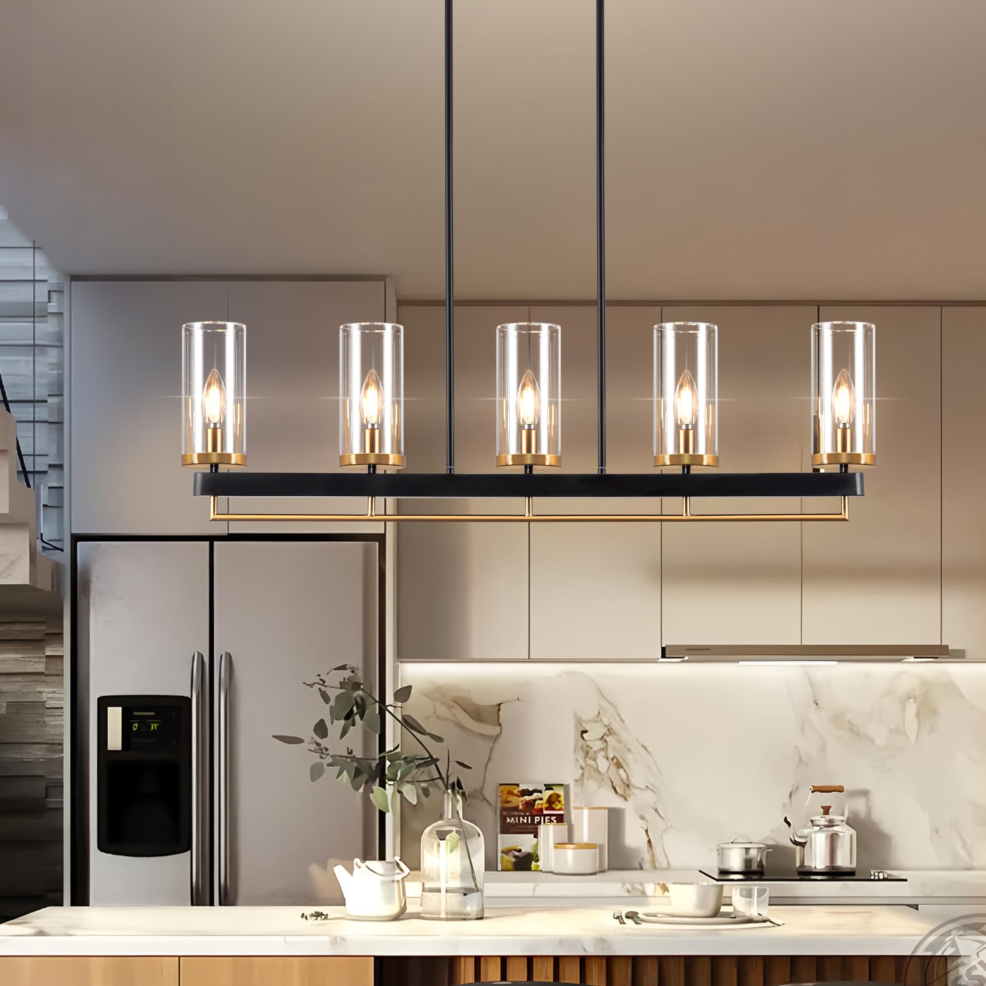 Linear Chandeliers for Dining Room 42" Dining Room Light Fixture Black and Gold Pendant Lights Kitchen Island Lighing Modern Industrial Chandelier