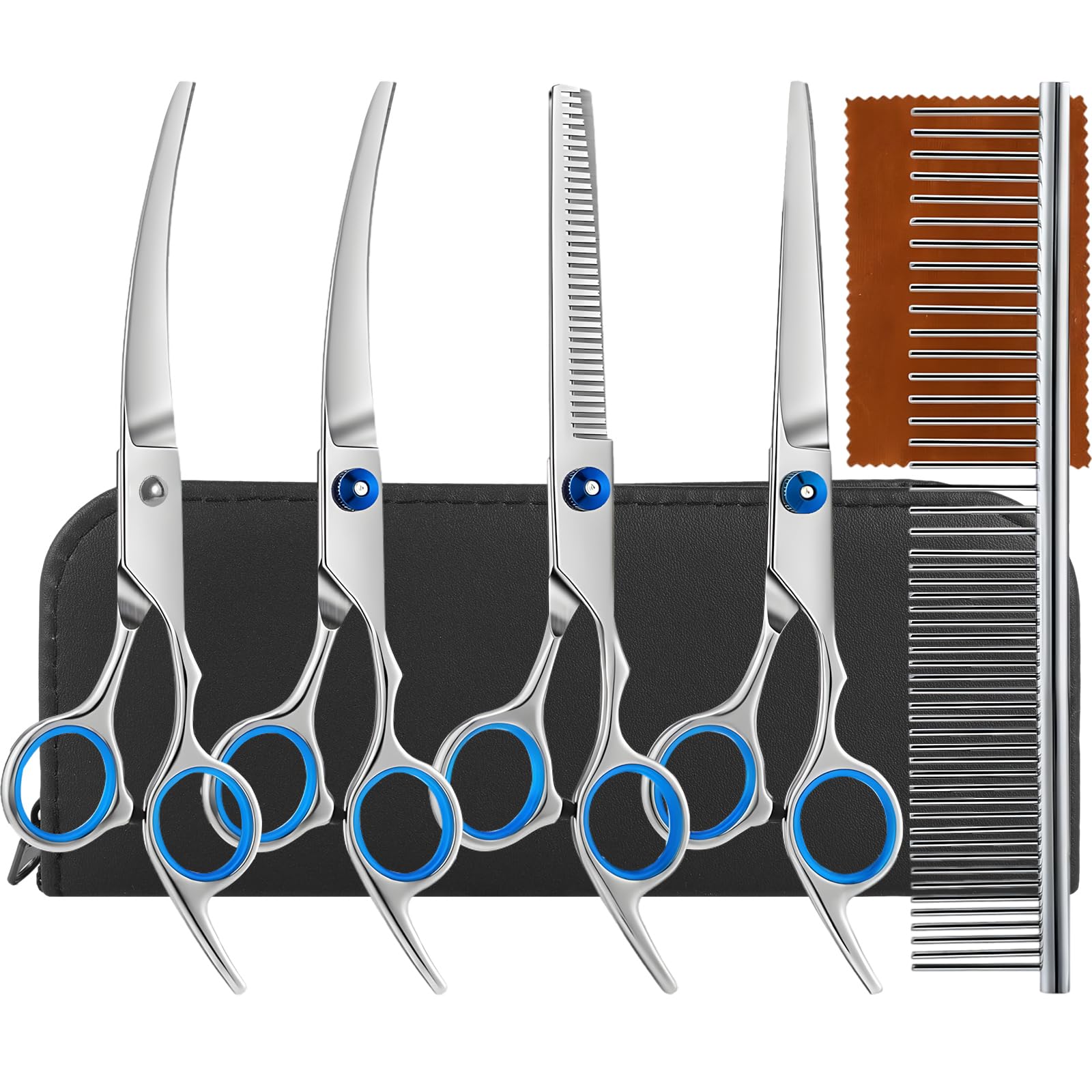 Hundeschere Set Profi 7PCS Hundeschere Gebogen Schere für Hunde Fellschere Gerade 7-In-1 Effilierschere Hund Trimmmesser Langhaar Hundekamm mit Taschen für Hunde Katze Tiere Hundefriseur Zubehör