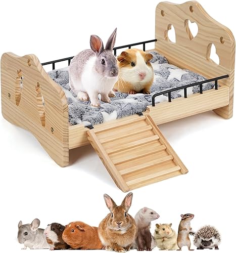 Cama de madera para animales pequeños con alfombrilla para escaleras, 16 x 9 pulgadas, ropa de cama multiespecie para conejos de interior,