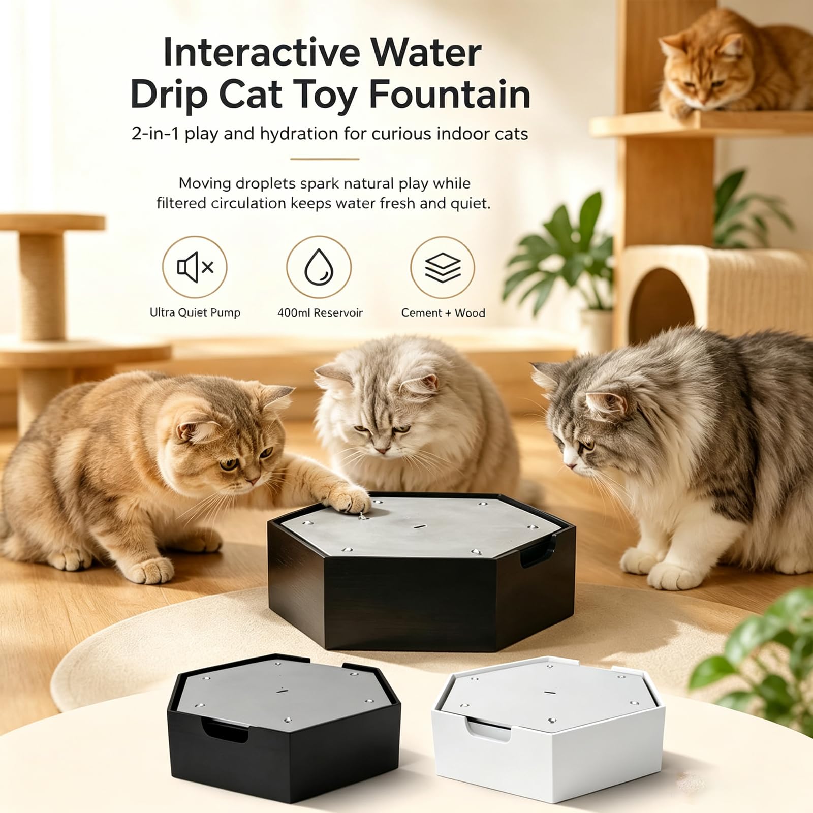 Gioco Automatico A Goccia d'Acqua per Gatti, Giocattolo Acquatico per Interni, Gioco Interattivo per Gatti, con Serbatoio d'Acqua, per Gatti E Cani da Interno, Ufficio, Soggiorno White