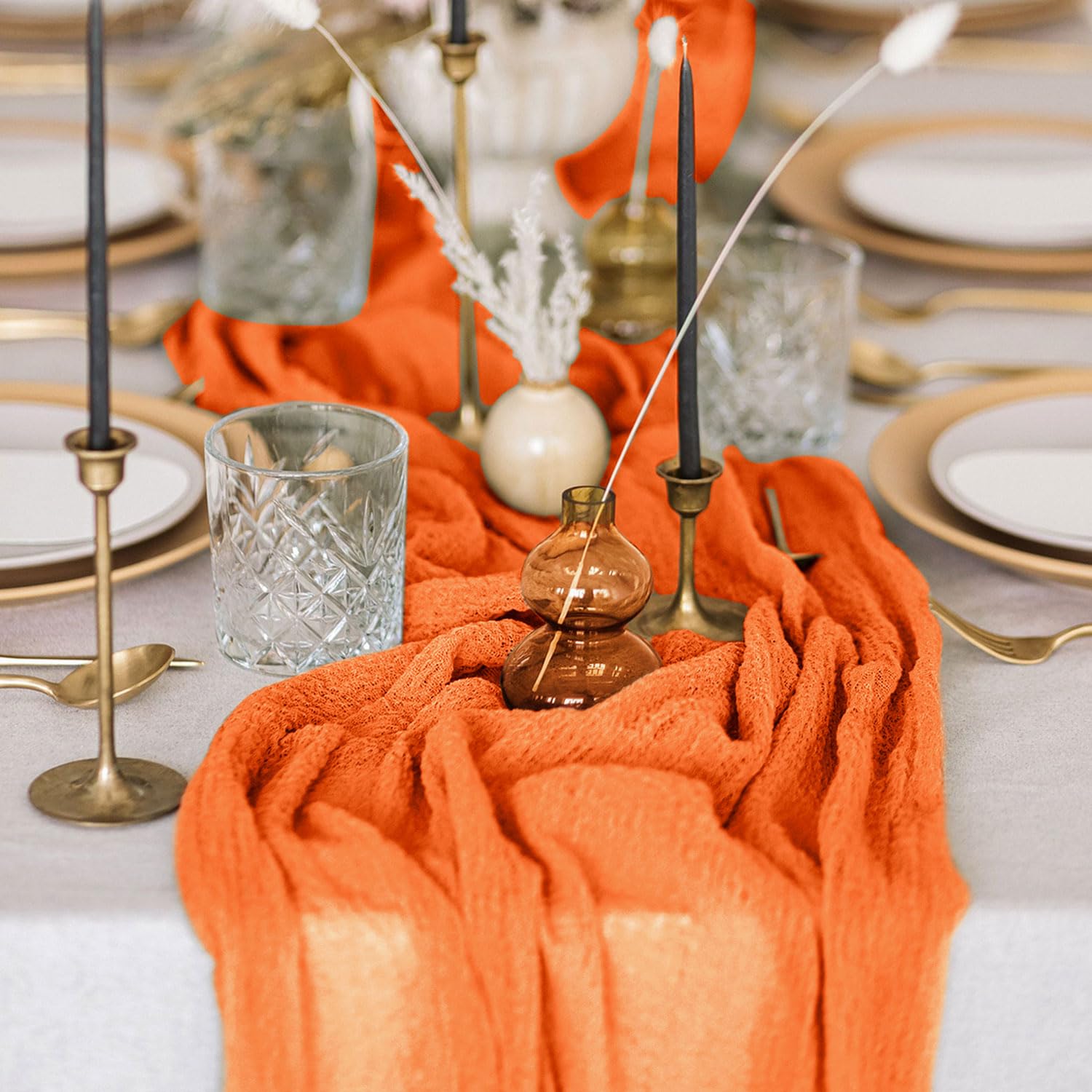 FANPROMS Paquete de 6 caminos de mesa de gasa de color naranja de 10 pies de largo, estilo bohemio, para mesas de café y pasteles, camino de mesa de 304 cm de largo, color naranja quemado para