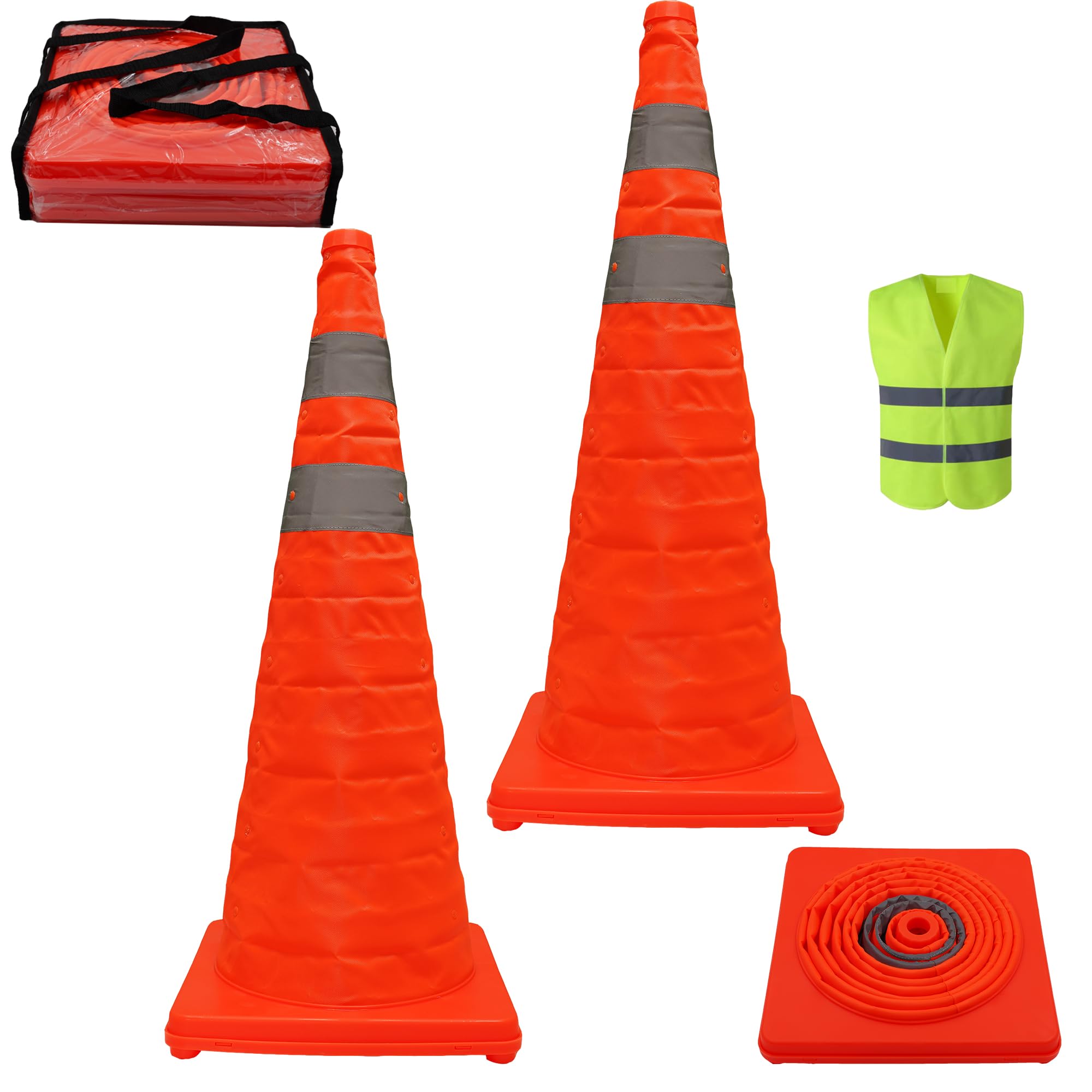 2-Pack 70cm/28 Faltbare Verkehrssicherheitskonen mit reflektierenden Streifen, grüne Sicherheitsweste inklusive