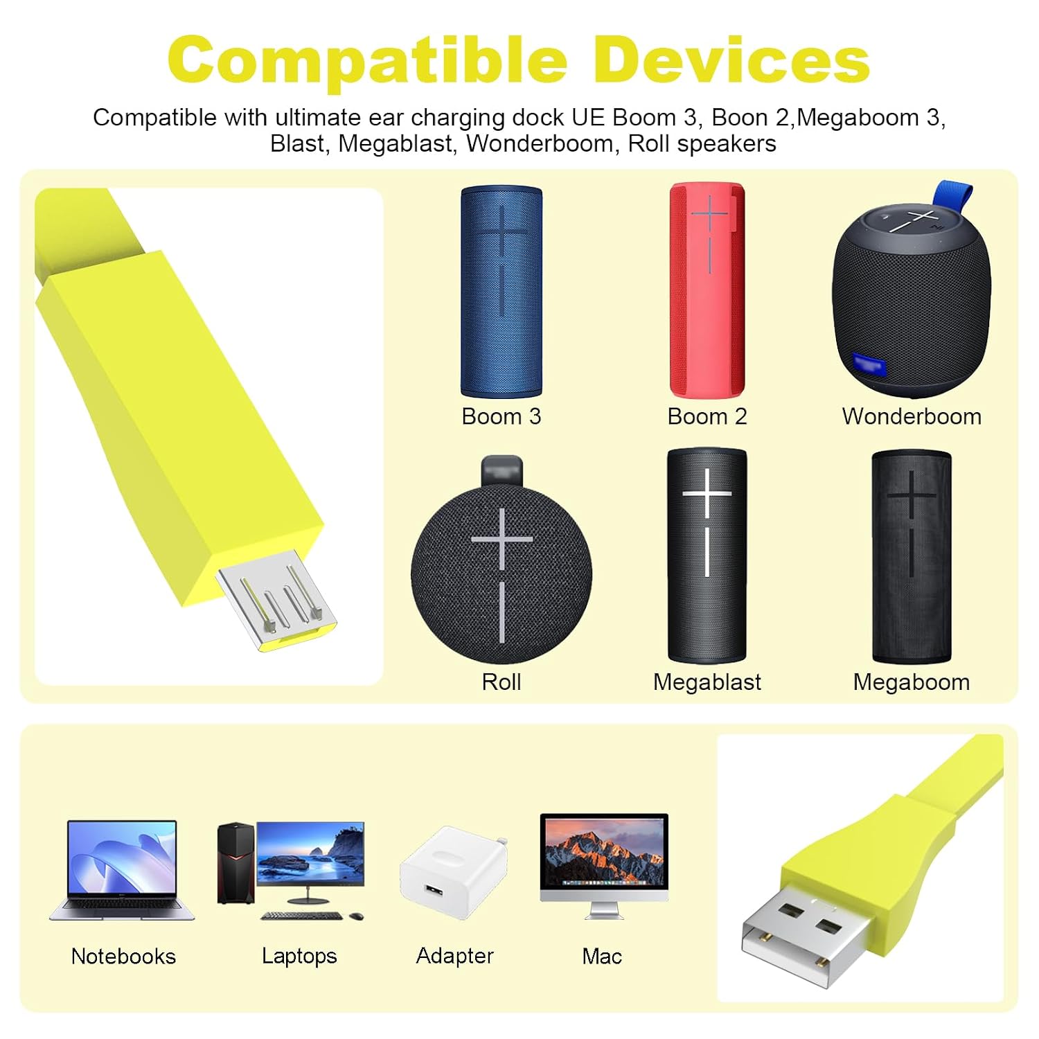 Toxaoii USB Charge Cable Cord Wire for Ultimate Ears UE Boom 3, Boom 2, Wonderboom, Megaboom 3, Blast, Megablast, Roll 2 Speaker Charger 3.9 FT Yellow image 2