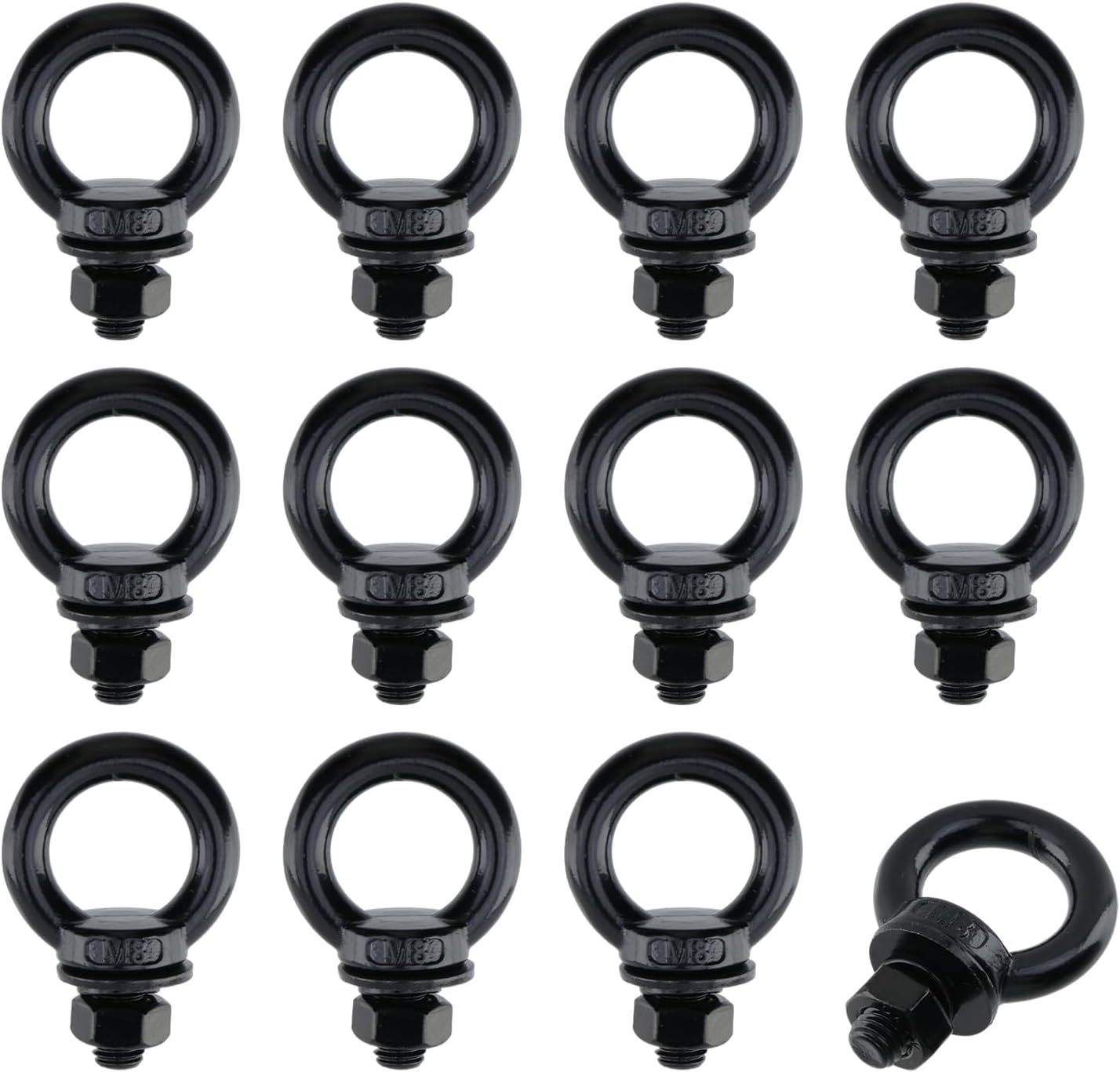 Dnyta 12 Pack M8 Stainless Steel Eye Bolts, M8 Machinery Shoulder Lifting Eye Bolt with Hex Nuts Flat Washers Spring Washers, 0.59"/15mm Thread Length-Eyebolts for DIY, Swing and Outdoor Use (Black)