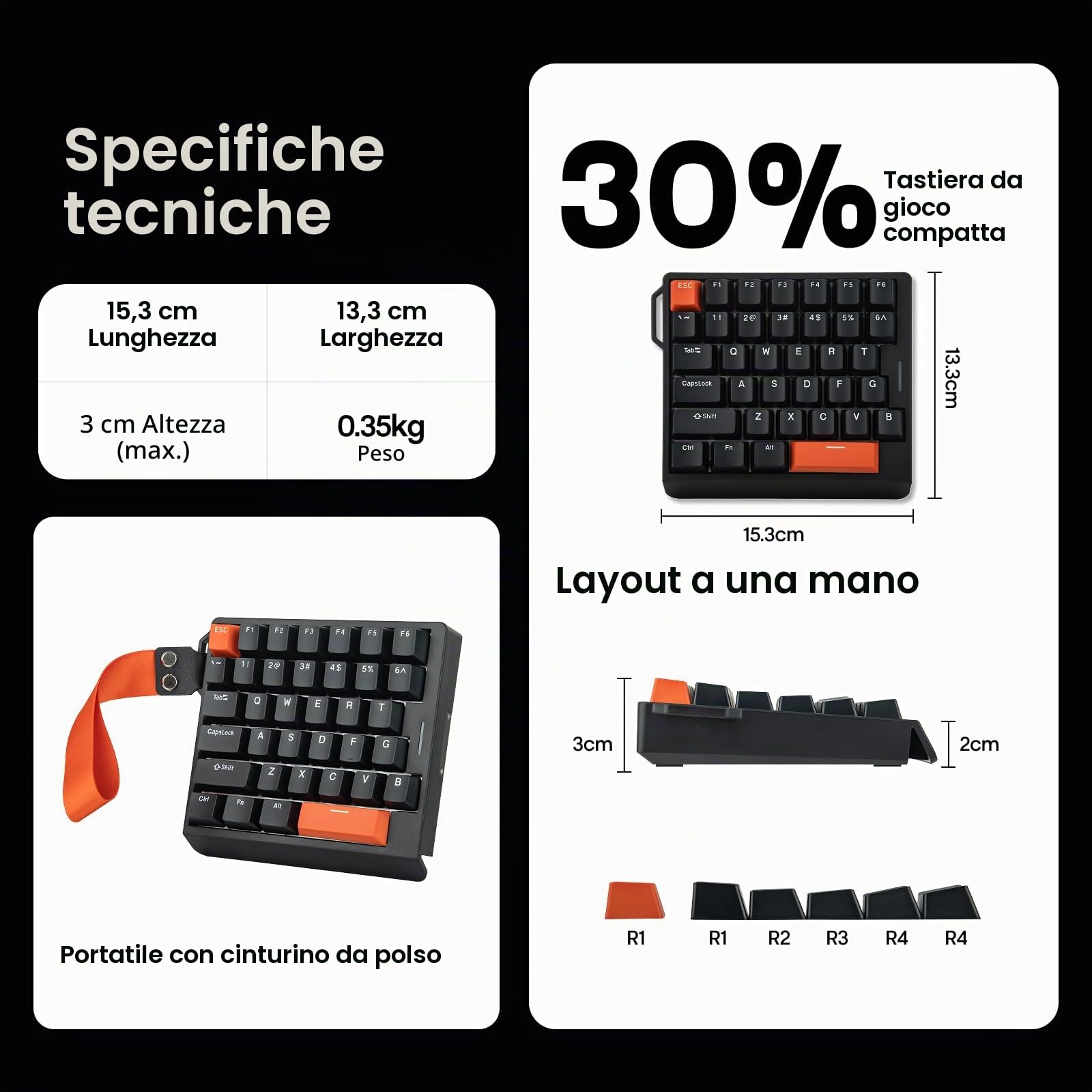 EPOMAKER HE30 Tastiera a Effetto Hall con Una Sola Mano, 8K Polling & 0.125ms, SOCD & Snap Key, Adjustable Trigger, PBT Keycap, RGB, Custom Software, Wired Gaming Keyboard for PC/Gamer (Nero)