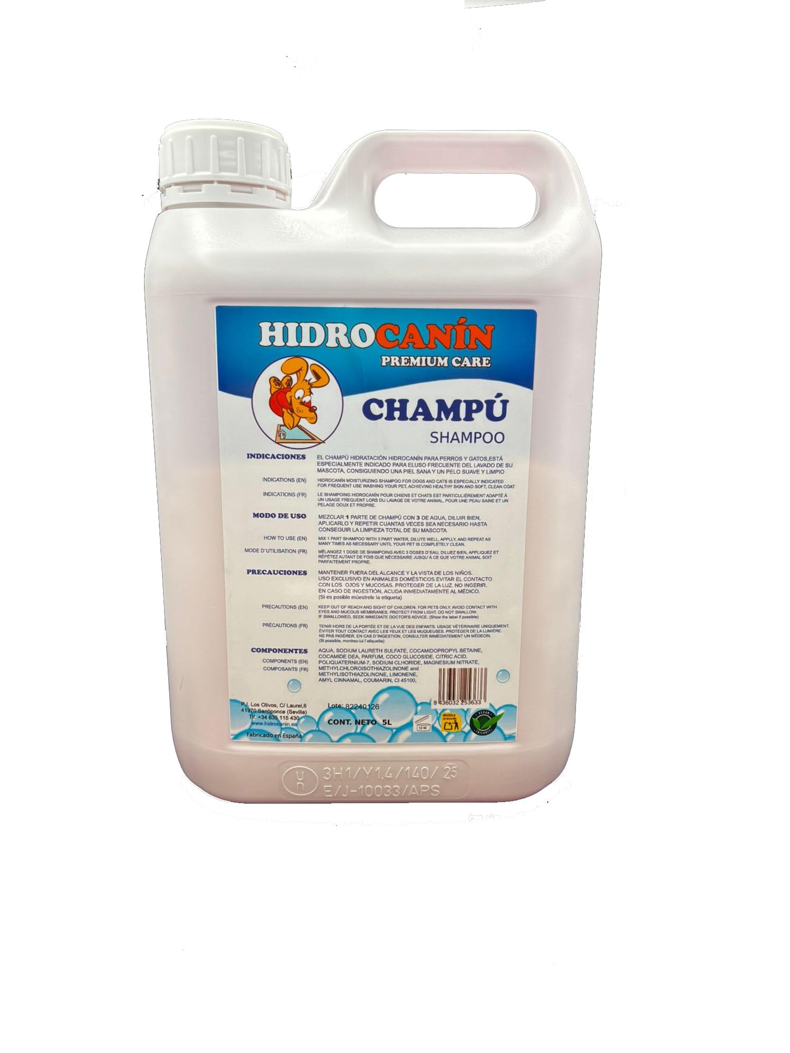 Champú Perro y Gato Hidrocanin 5L Concentrado – Rinde hasta 20L – con Vitamina B5 (Pantenol) – Fórmula Extra Hidratación + Acondicionador- pH 7.5 – Fragancia Piruleta – Acabado Suave y Brillo