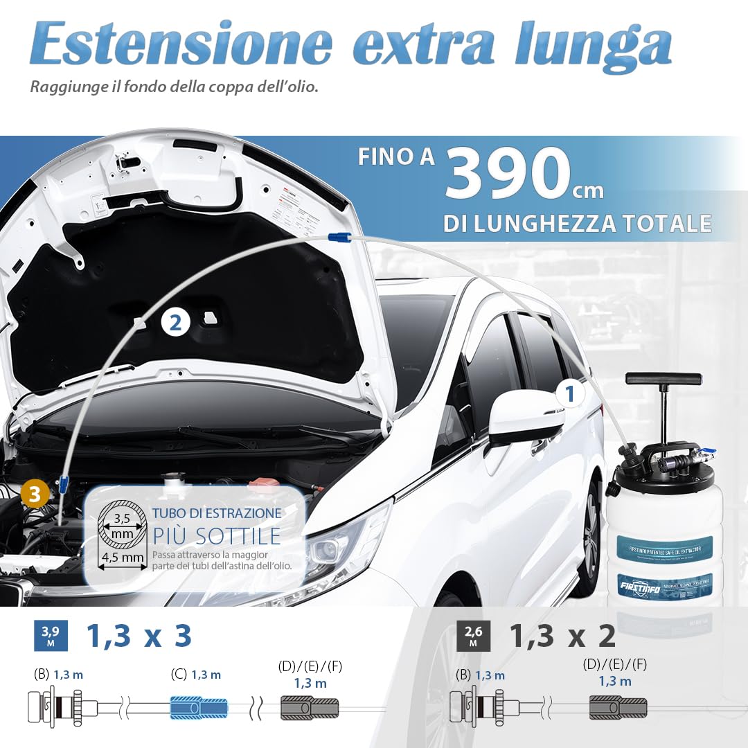 FIRSTINFO Estrattore Olio Pneumatico/Manuale 15L, Prodotto a Taiwan, con Manometro, 5 Tubi di Aspirazione, Sonda Ultra Sottile 3,5 x 4,5 mm, A1106EUY5