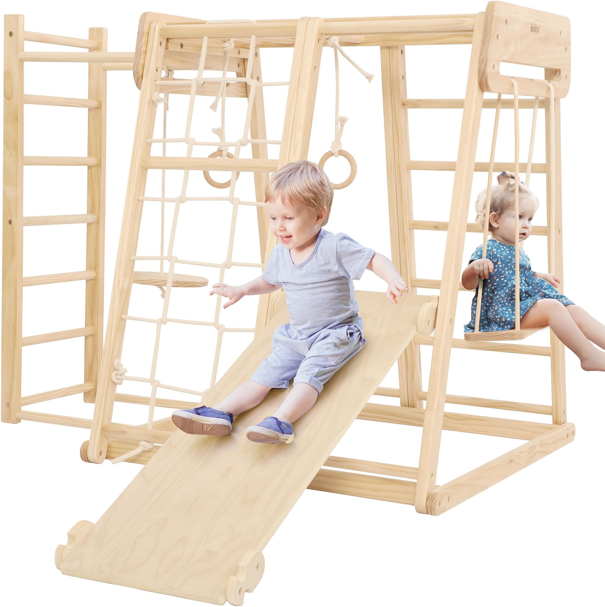 8 in 1 Indoor Jungle Gym for Kids 1-6, Wooden Indoor Playground with Slide & Swing, Montessori Climbing Set with Climbing Net & Monkey Bars