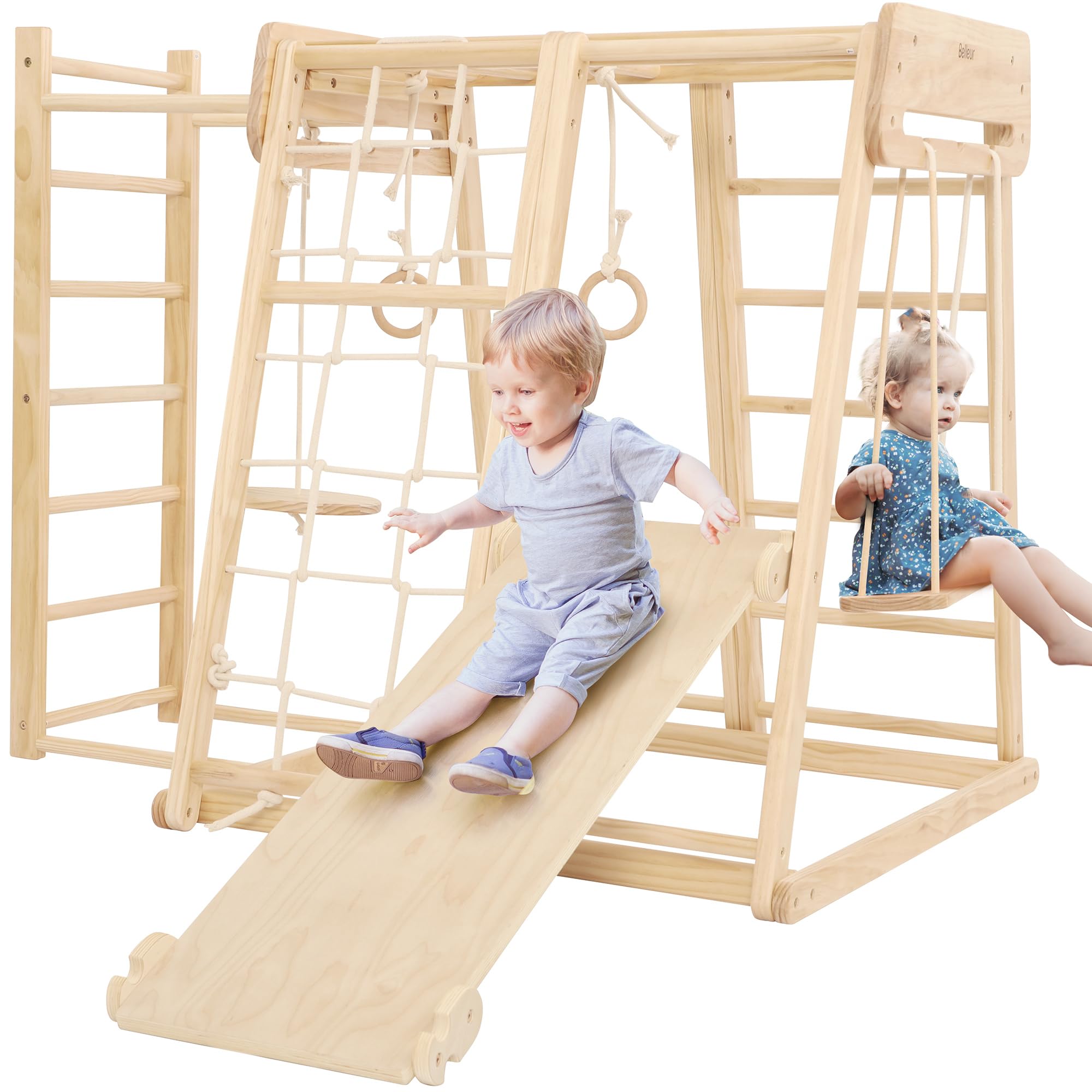 8 in 1 Indoor Jungle Gym for Kids 1-6, Wooden Indoor Playground with Slide & Swing, Montessori Climbing Set with Climbing Net & Monkey Bars