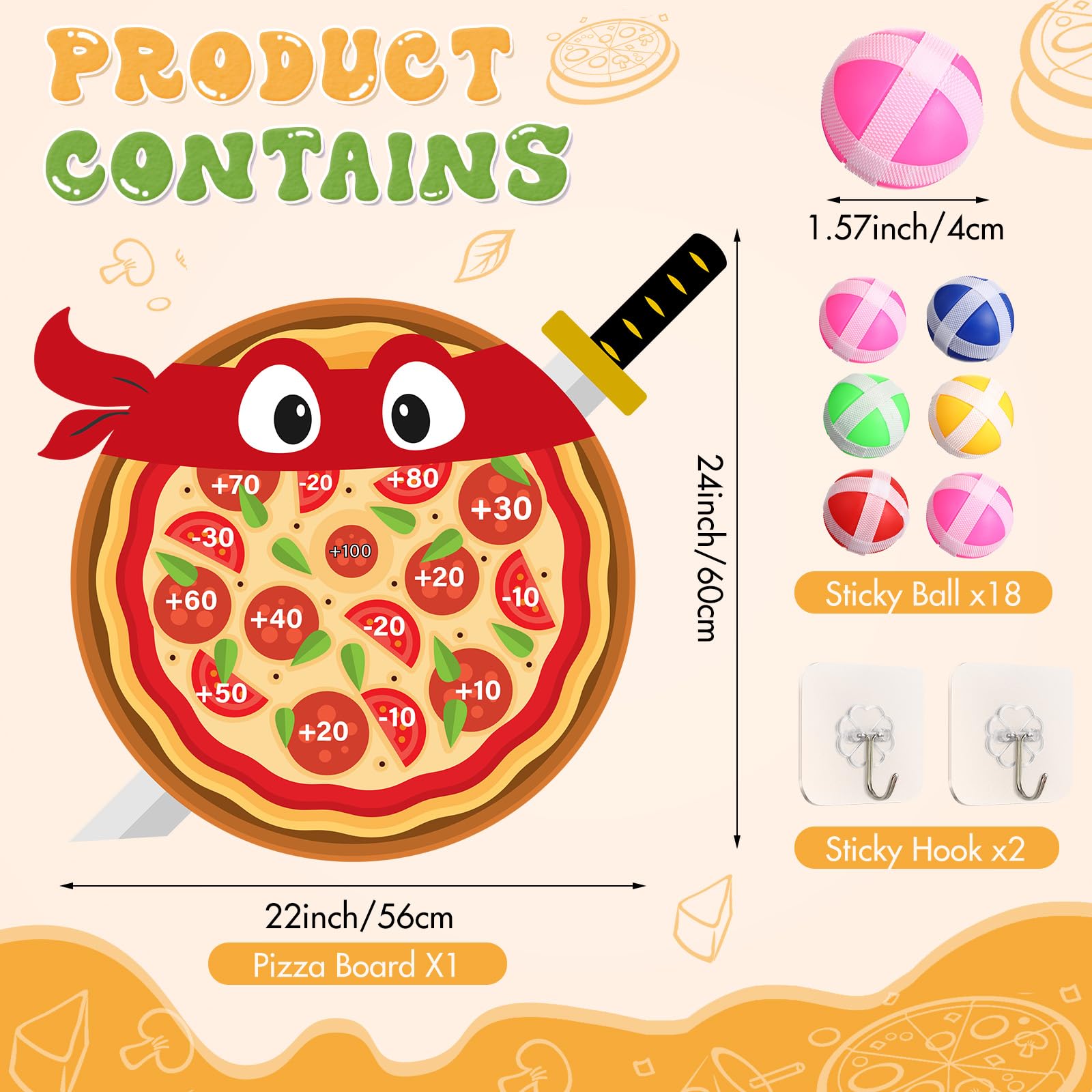 WinnerWhy Pizza Party Game Turtle Party Favors 24 x 22 Pizza Dart Board with 18 Sticky Balls Toys Turtles Themed Game Video Birthday Supplies Decoration Gift for Boys Girls