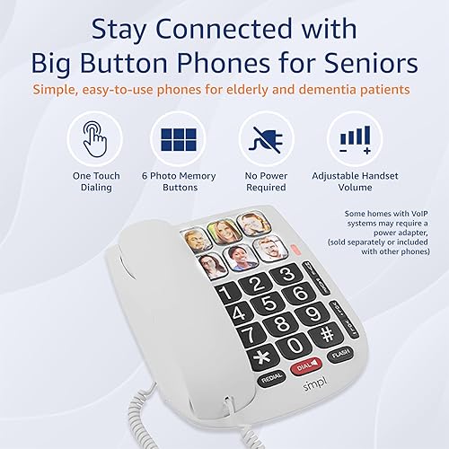 Miniatura 2 de SMPL Teléfono con cable de marcación manos libres con memoria de fotos, marcación de un solo toque, botones grandes, alertas intermitentes, para