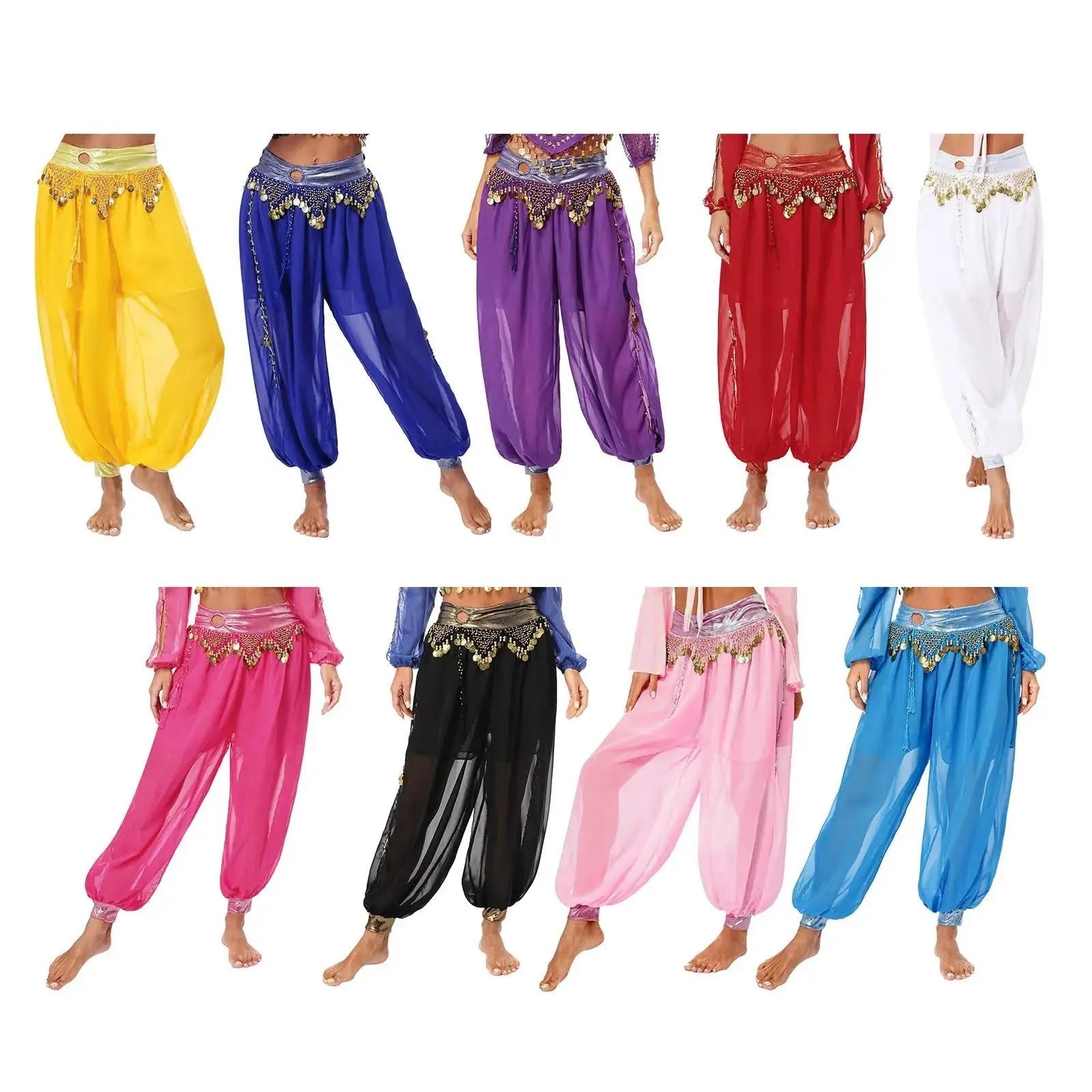 Arabische Prinzessin Bauchtanz-Kostüm for Damen, Märchen-Quasten, Bloomers, Tribal-Hose, metallische, gerüschte, seitlich geteilte Haremshose