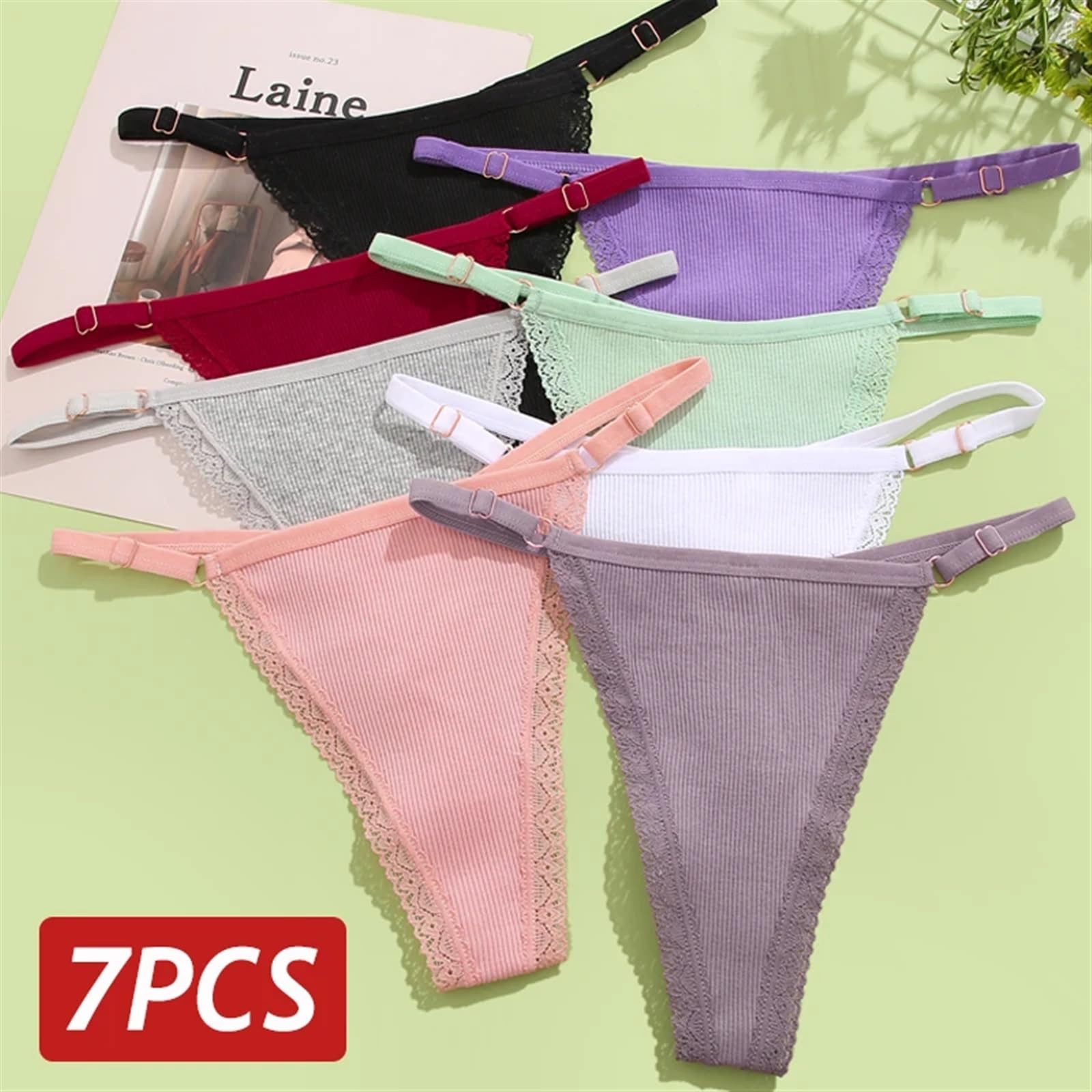 Majtki po kolana 7 sztuk/zestaw seksowne koronkowe bawełniane majtki dla kobiet stringi z niskim stanem regulowane paski w talii stringi miękka bielizna bielizna przewiewna (Color : Set 10, Size : L