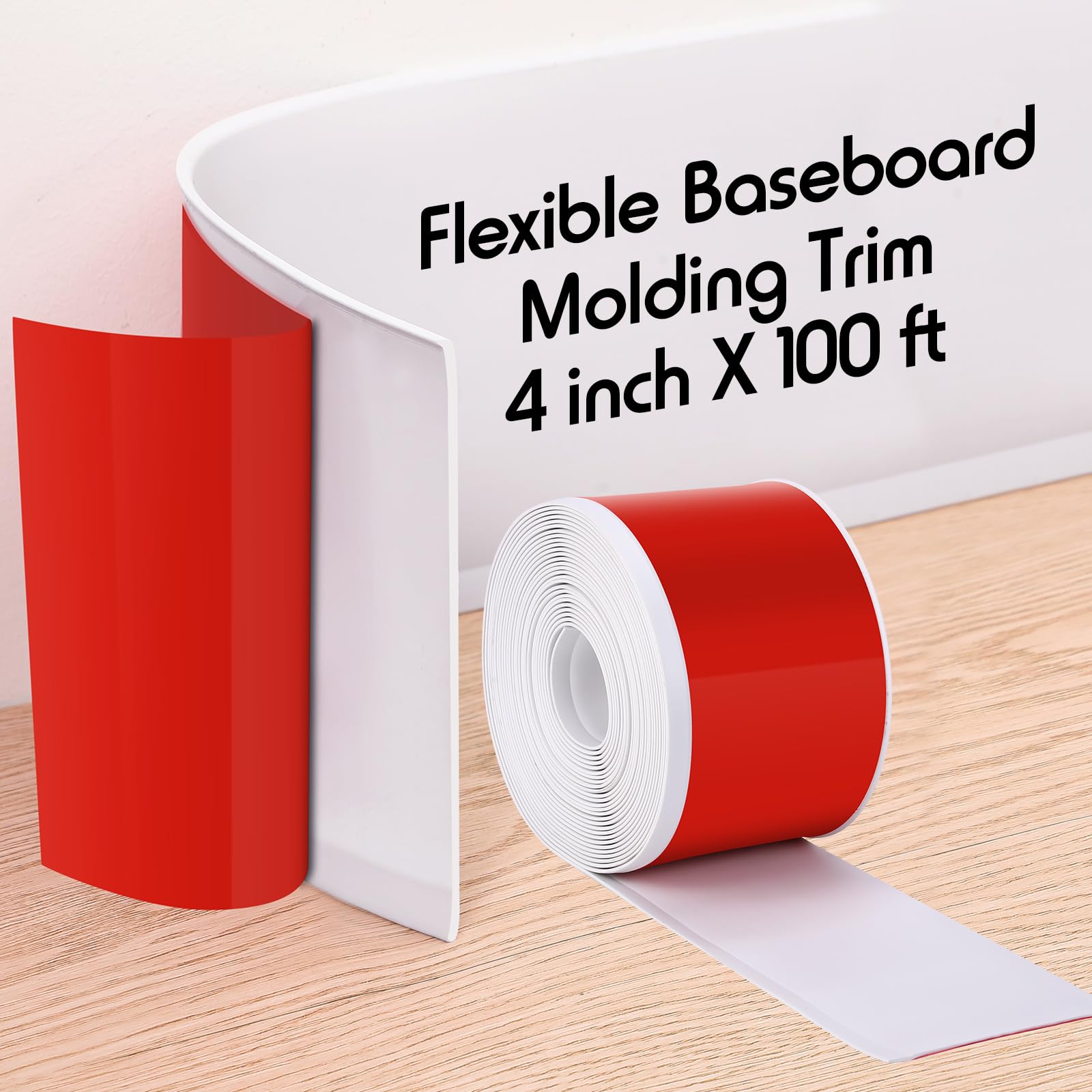 Frienda 4 Inch x 100 ft Flexible Baseboard Molding Trim Peel and Stick Vinyl Wall Base Cove Base Self Adhesive Rubber Vinyl Wall Base, White