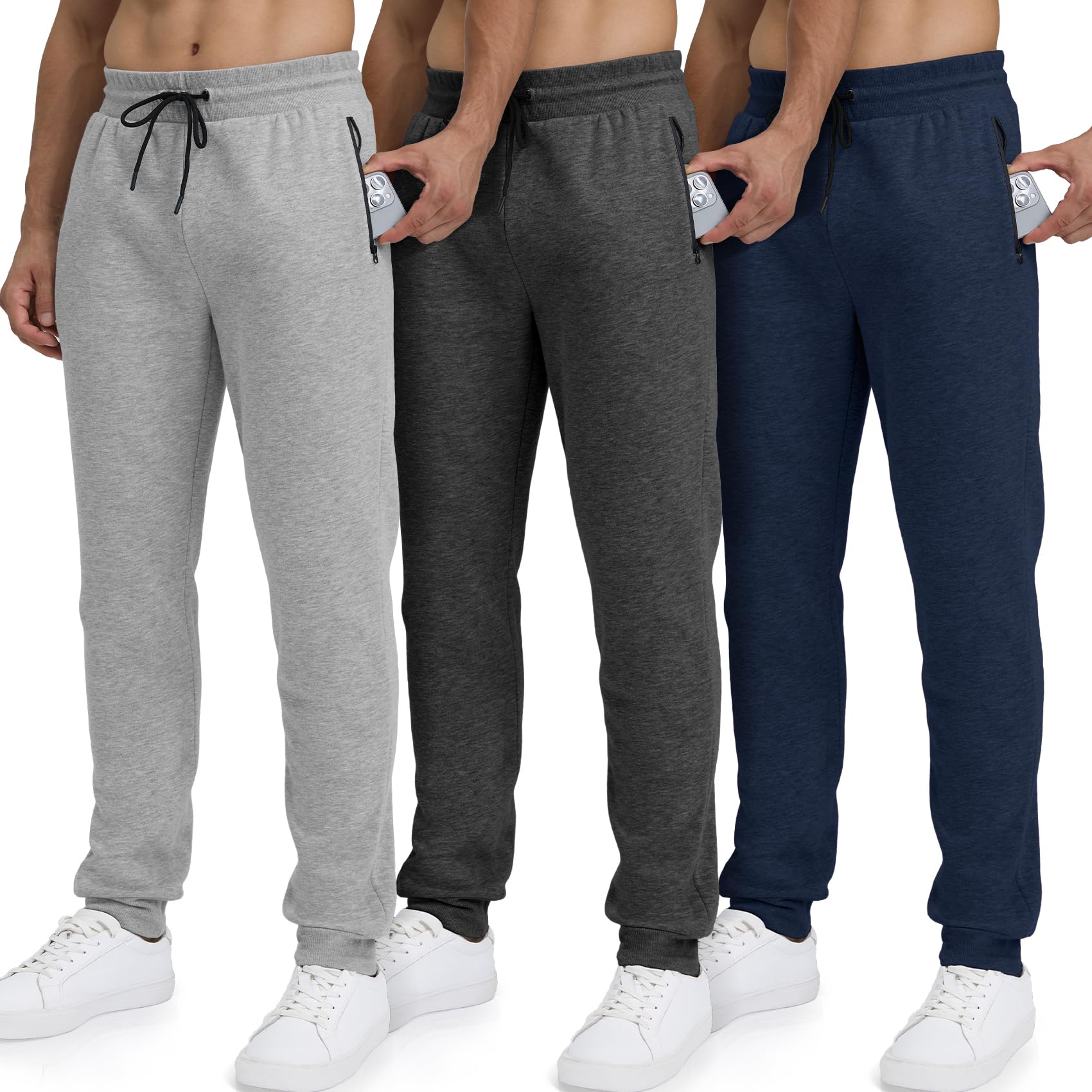 Sweatpants for Men Fleece 3 Pack Joggers Gym Workout Athletic Track Mens Sweat Pants Cotton with Zipper Pockets