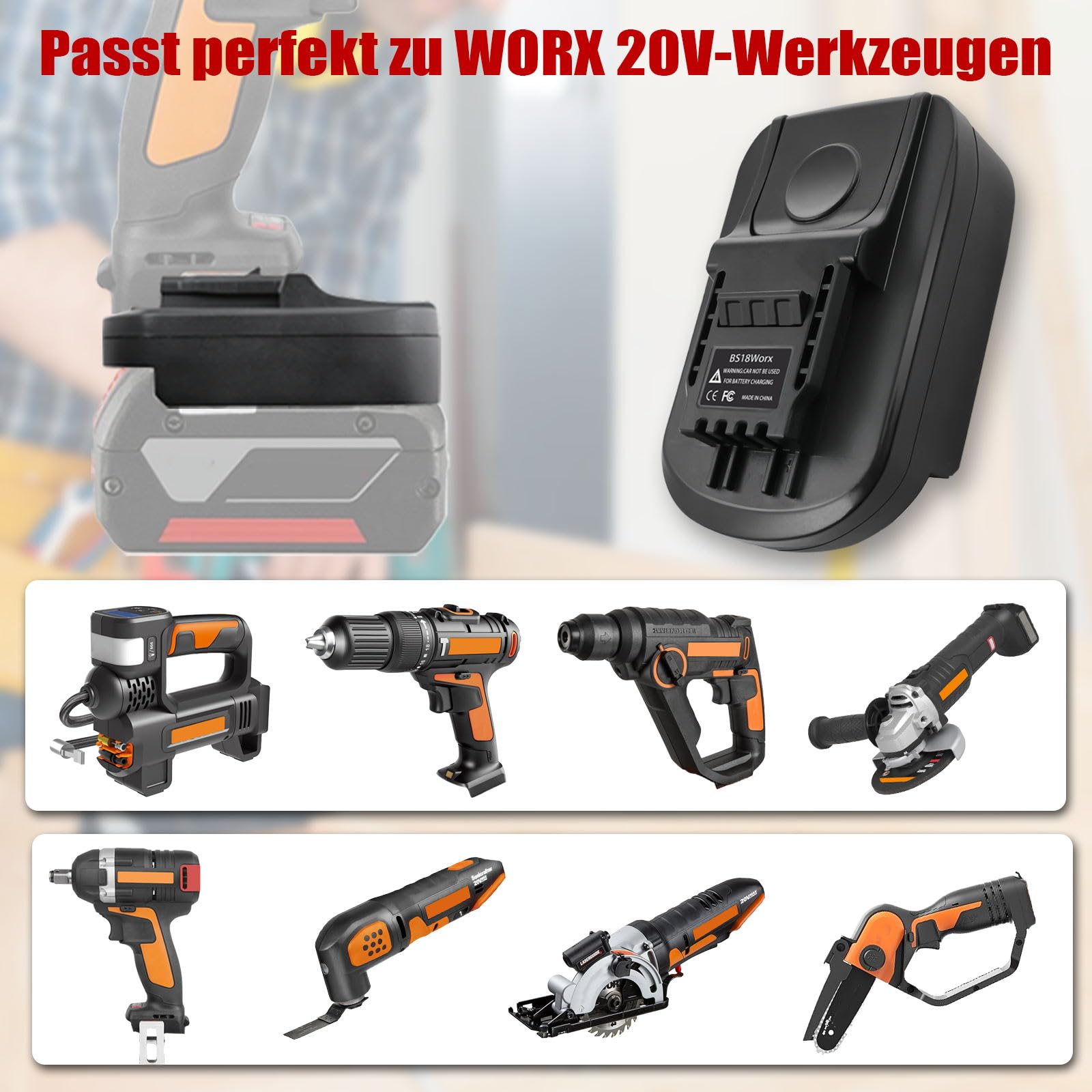 Akku Adapter Konverter für Bosch 18V auf für Worx 20V Li-Ion Elektrowerkzeug, Batterieadapter für Bosch 18V auf für Worx （20V Li-Ion Elektrowerkzeug(Keine Batterie)