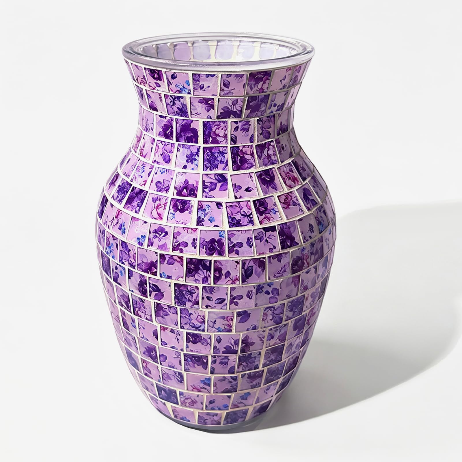 Mosaic Glass Vase 20cm Flower Vase Table Decoration Purple Flowers