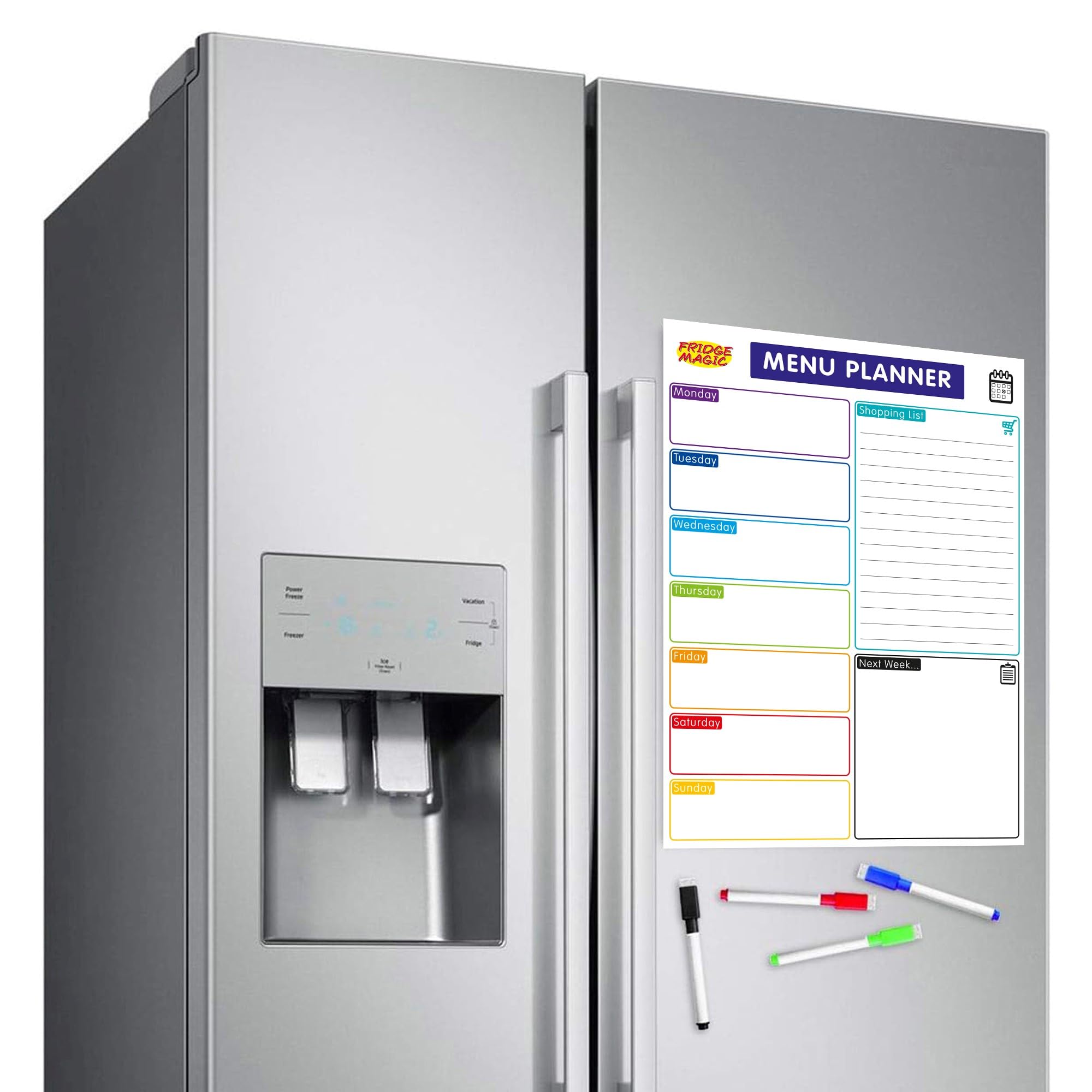 Magnetic Whiteboard for Fridge: Multi-Functional Meal Menu Planner, with Colourful Erasable Pens, W30 x H42 cm