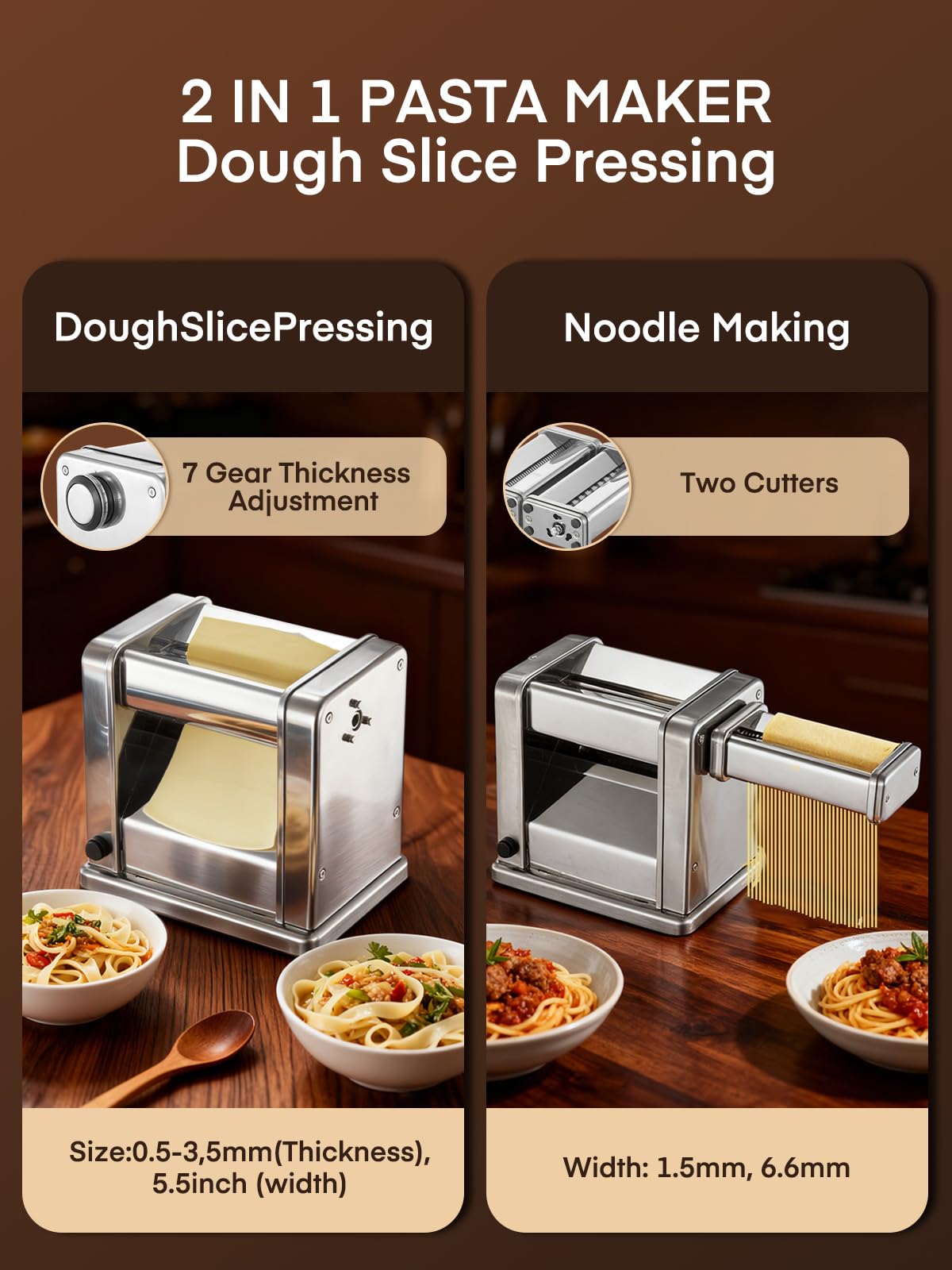 FOHERE Máquina de Pasta Fresca Eléctrica con 2 Cuchillas (1.5 mm/6.6 mm) y 7 Grosores Ajustables de 0.5-3 mm, Acero Inoxidable para Hacer Fideos Espaguetis Raviolis, Plata
