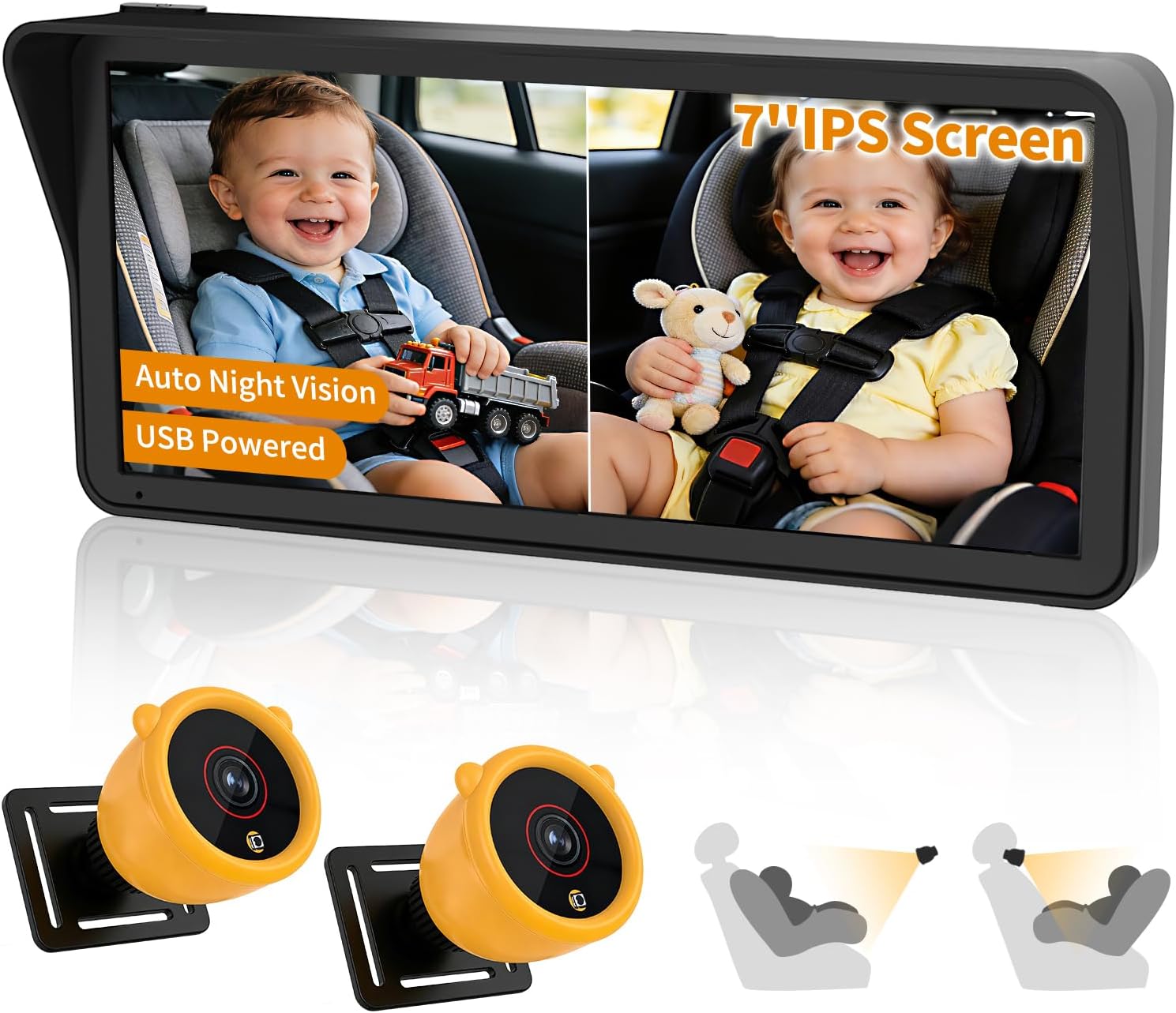 Baby Car Camera for 2 Kids, 7" Ultrawide Split Screen, 1080P Dual Carseat Cameras with Auto IR Night Vision/150° Wide View/360° Rotatation, USB Power for Car, SUV, RV/Babies,Pets