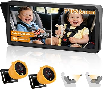 Baby Car Camera for 2 Kids-7.1" Ultrawide Split Screen | 1080P Dual Carseat Cameras with Auto IR Night Vision/150 Wide View/360 Rotatation, USB Power for Car, SUV, RV/Babies,Pets