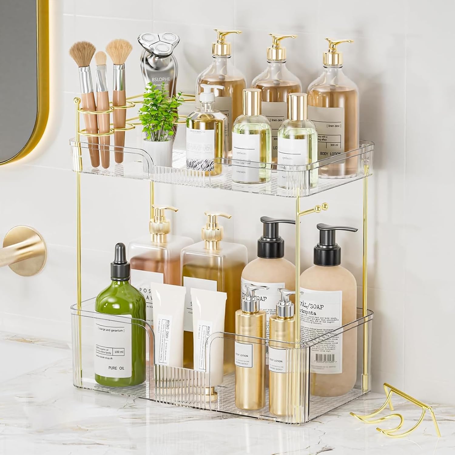 2-Tier Bathroom Counter Organizer, Makeup Organizer, Perfume Organizer, Large Skincare & Vanity Organizer, with Toothbrush, Toothpaste, Hair Dryer Holder (Transparent Clear)