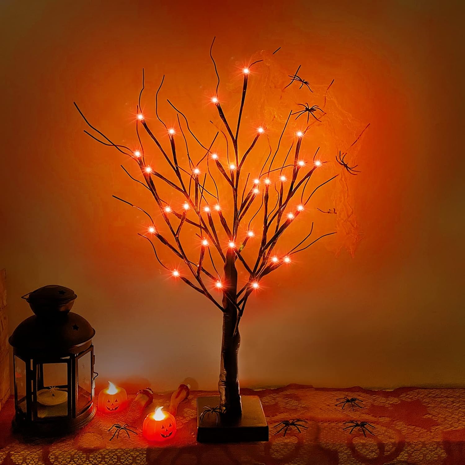 TURNMEON 24" 36 LED Halloween Birches Tree with Timer Orange Lights Battery Powered Black Halloween Spooky Tree Tabletop Trees for Halloween Decoration Indoor Home Decor