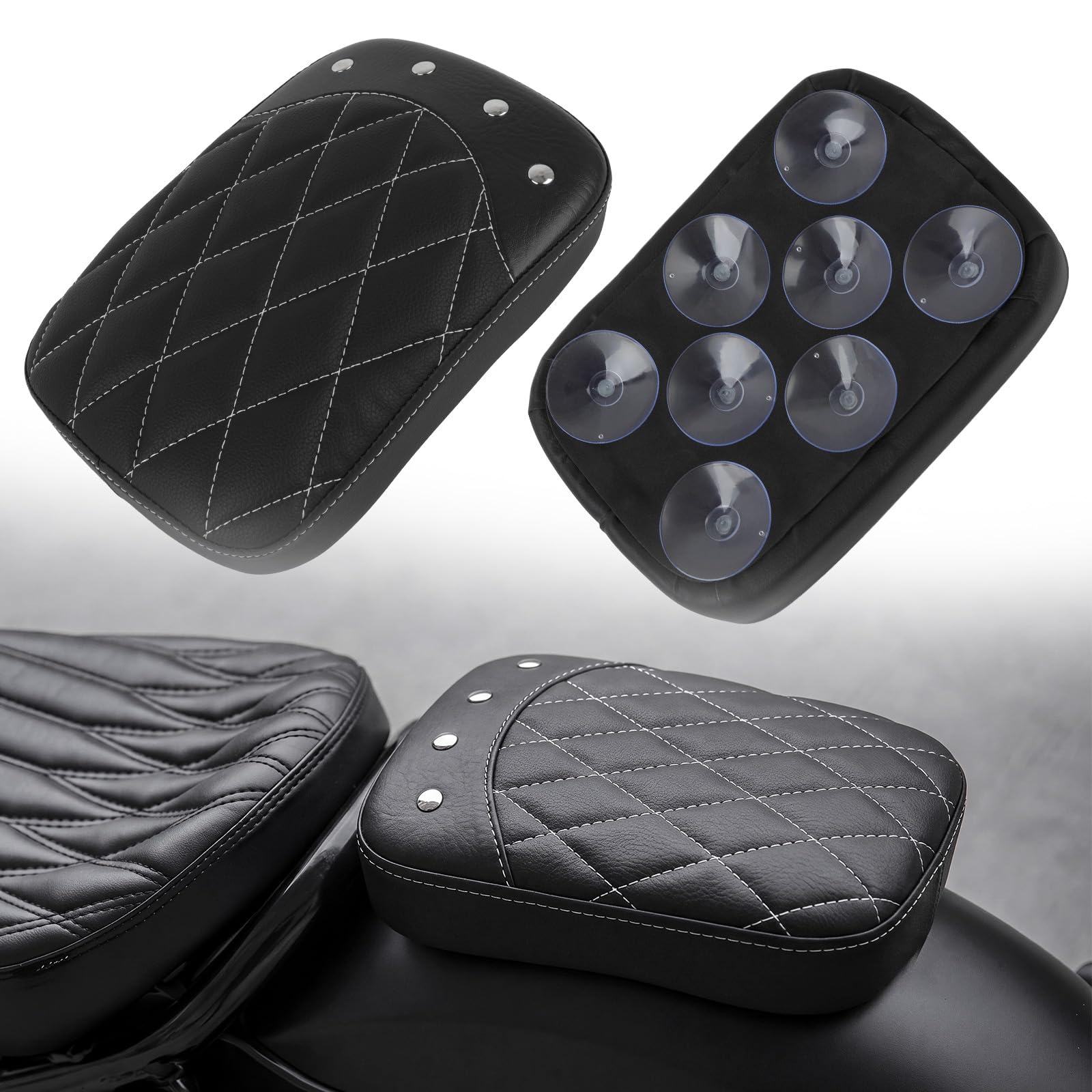 DREAMIZER Universal Black Motorcycle Solo Passenger Seat Rear Cushion 8 Suction Cups Compatible with Harley Davidson Sportster XL 883 1200 Forty Eight Dyna Chopper Bobber Custom (Black-rivet)