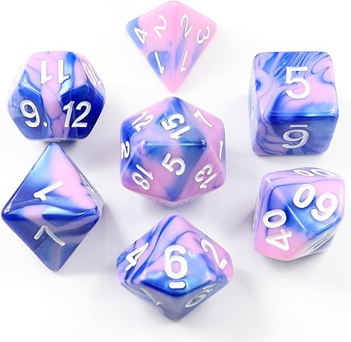 PJOY DND - Juego de 7 dados poliédricos D&D rosa y azul con bolsa de dados de terciopelo para juegos de rol como Calabozos y Dragones